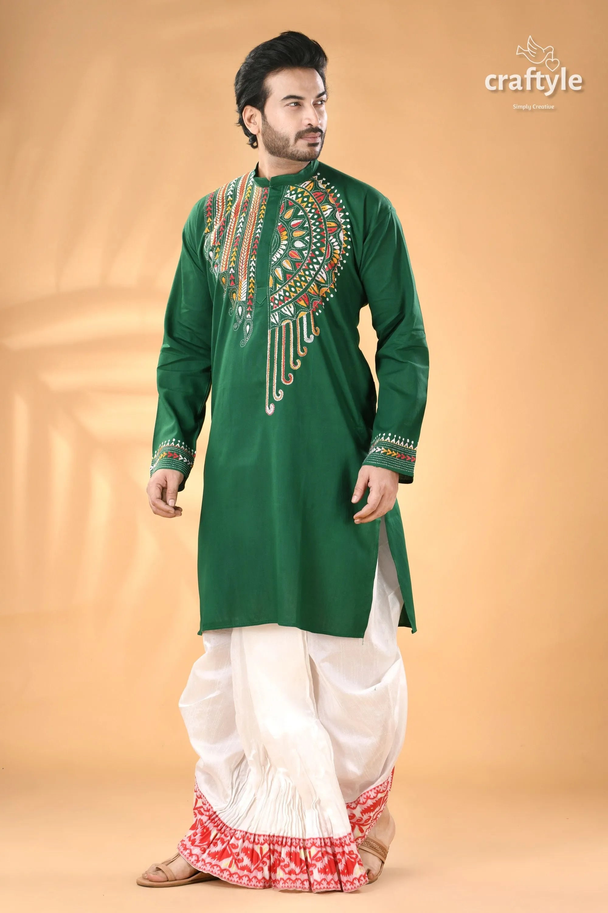 Bottle green kantha work ethnic cotton kurta for men embroidered white dhoti 6