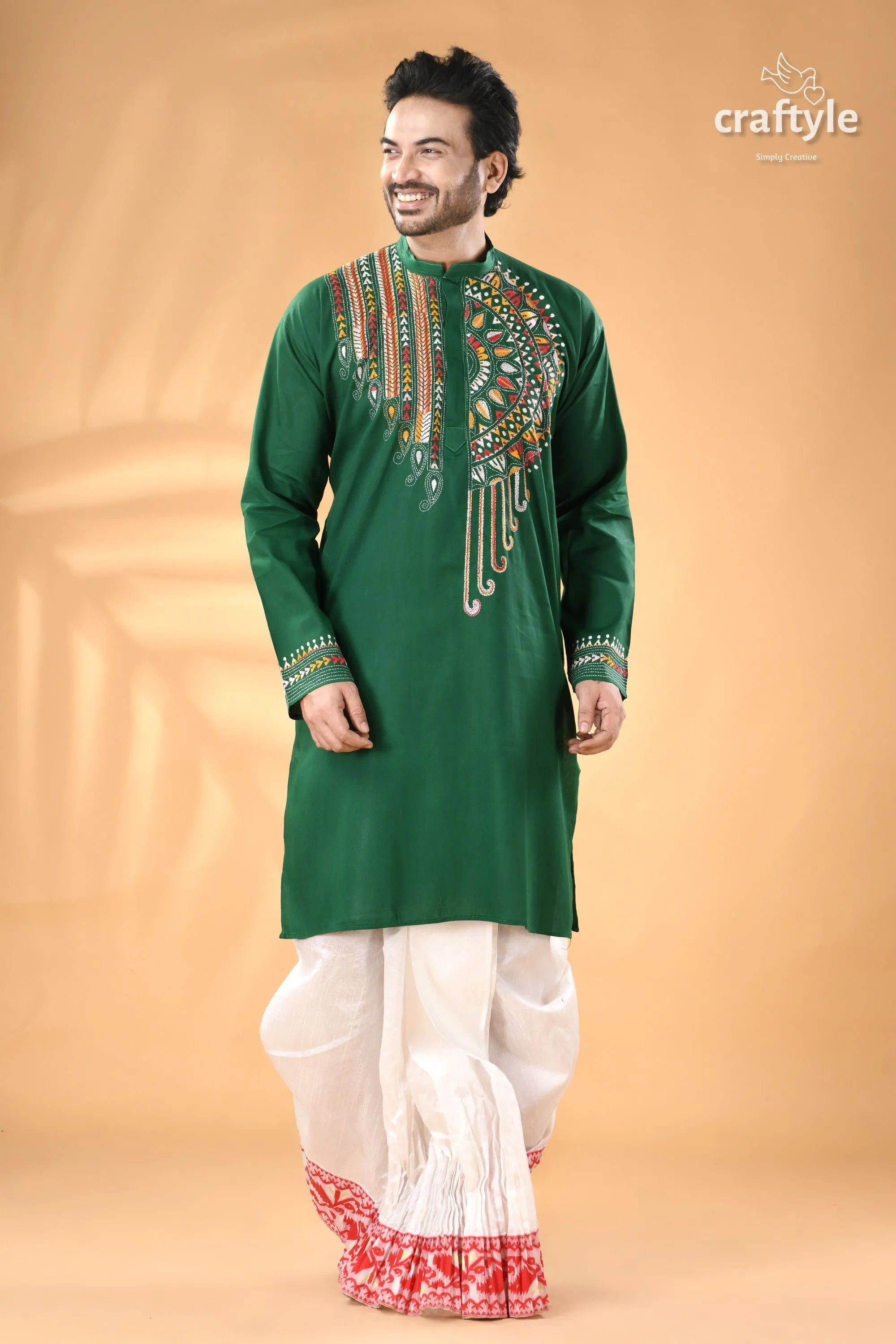 Bottle green kantha work ethnic cotton kurta for men men’s long-sleeved colorful 3