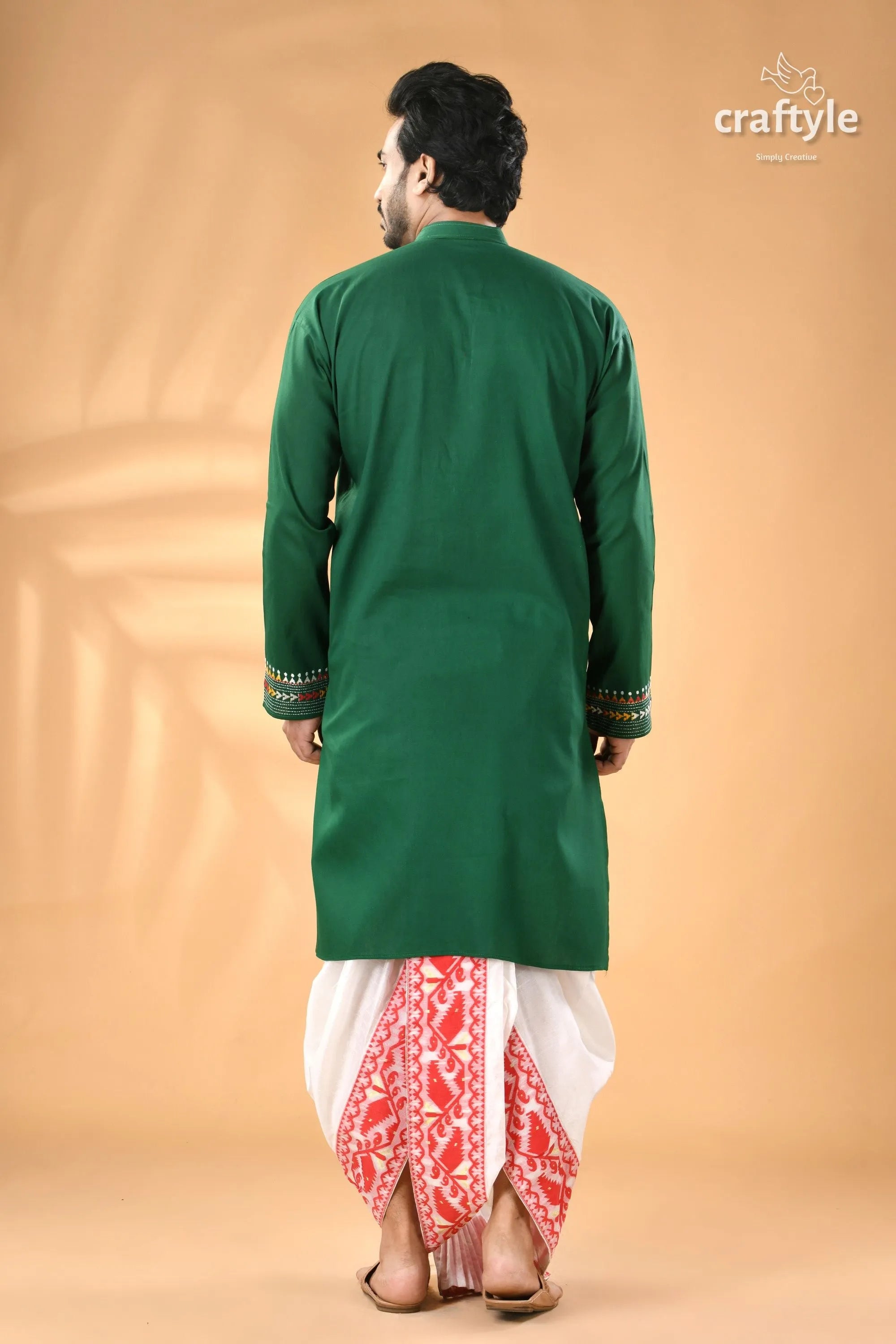Bottle green kantha work ethnic cotton kurta for men men’s white dhoti 7