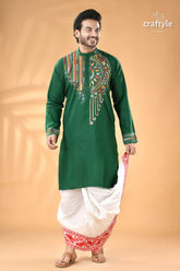 Bottle green kantha work ethnic cotton kurta for men men’s green embroidered kurta white 1