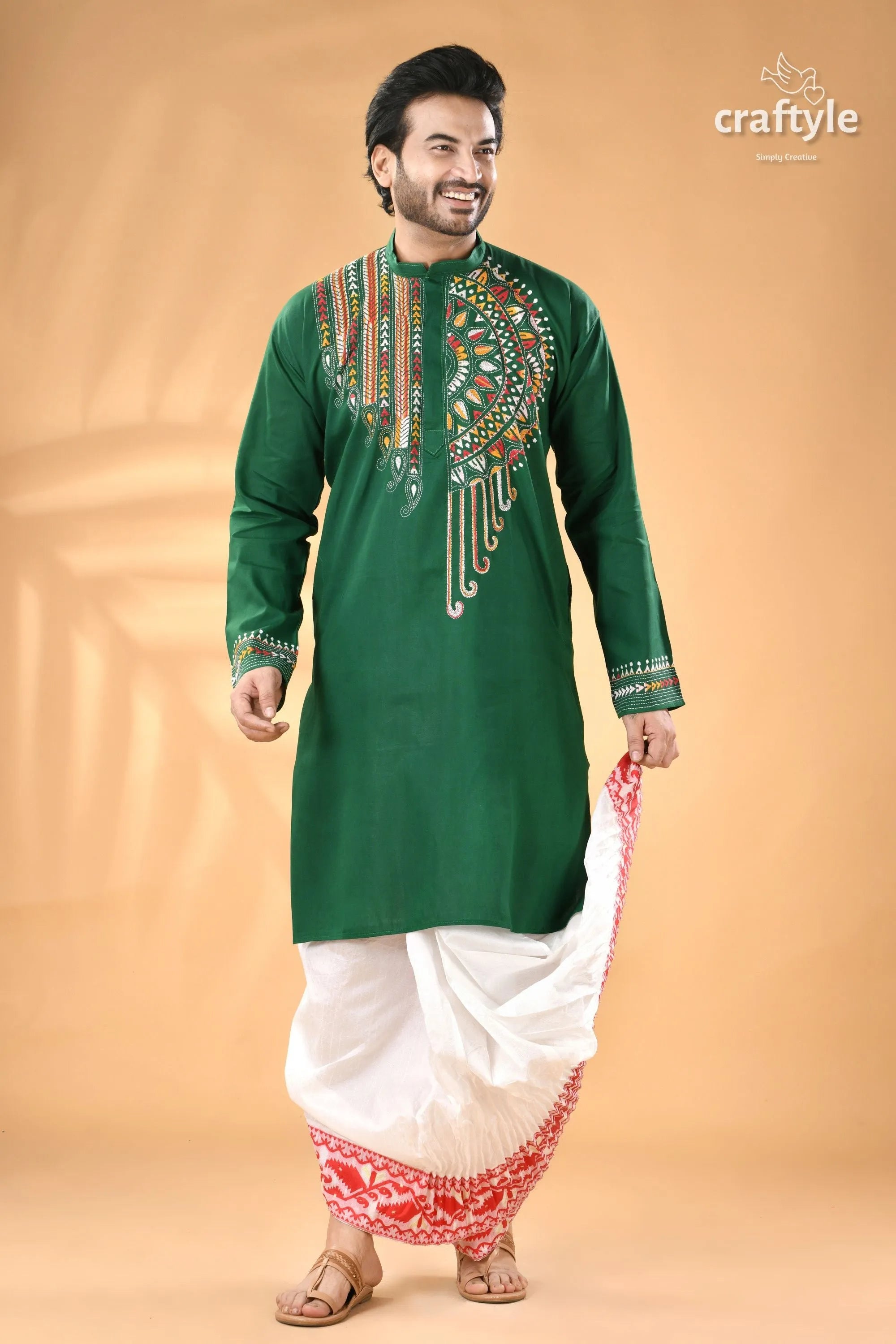 Bottle green kantha work ethnic cotton kurta for men men’s embroidered white 1