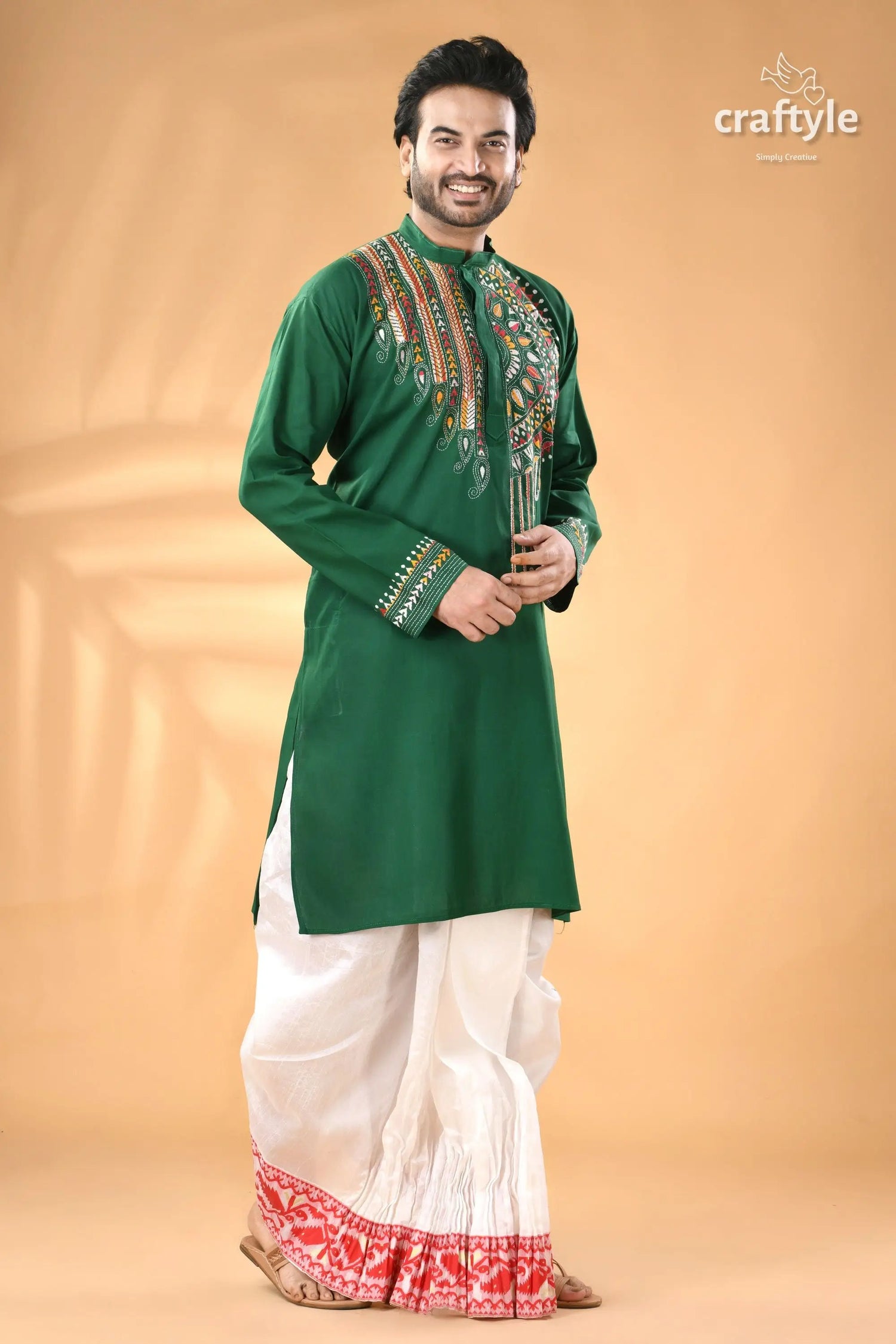 Bottle green kantha work ethnic cotton kurta for men men’s green long sleeved kurta intricate 4