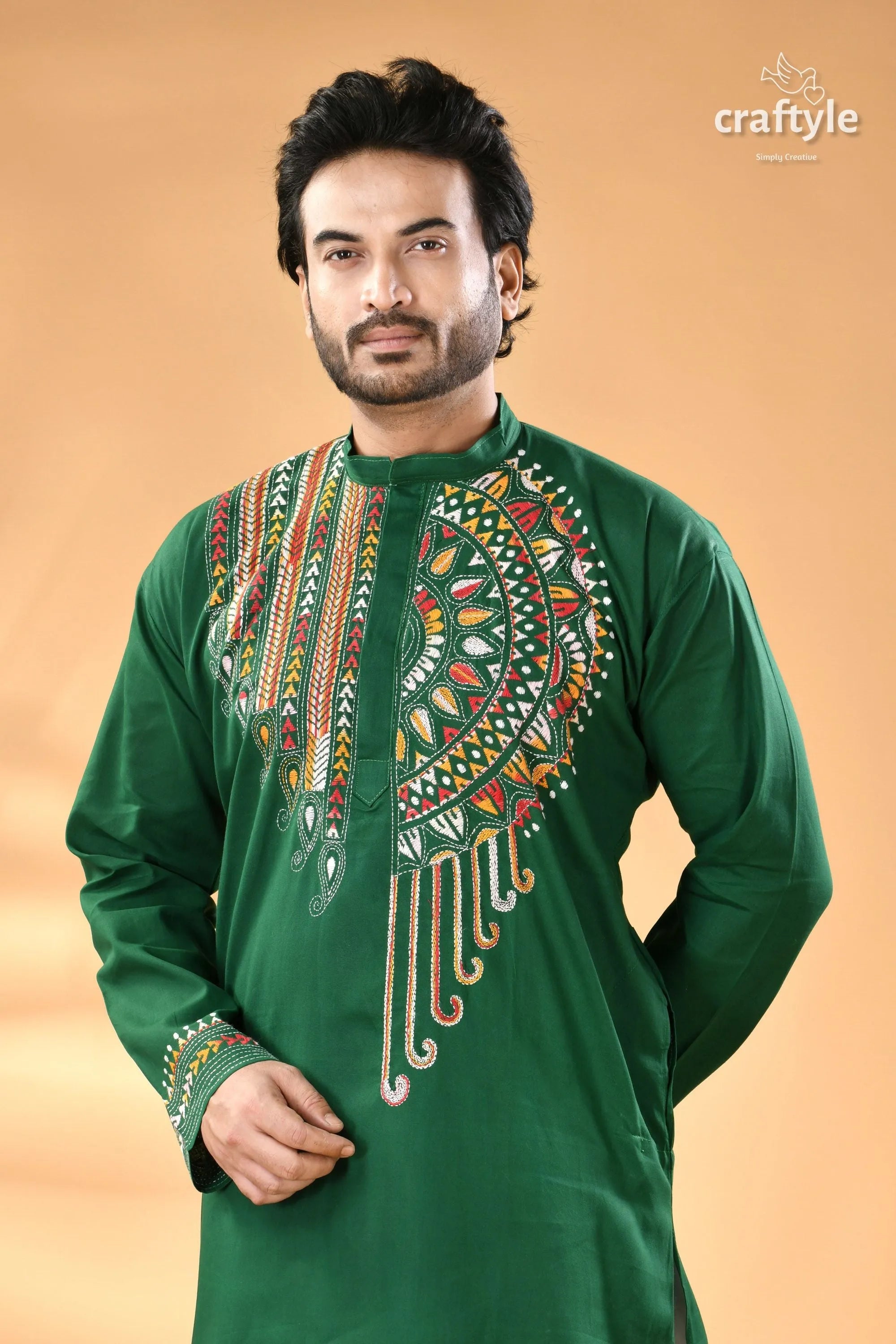 Bottle green kantha work ethnic cotton kurta for men men’s dark long-sleeved 2