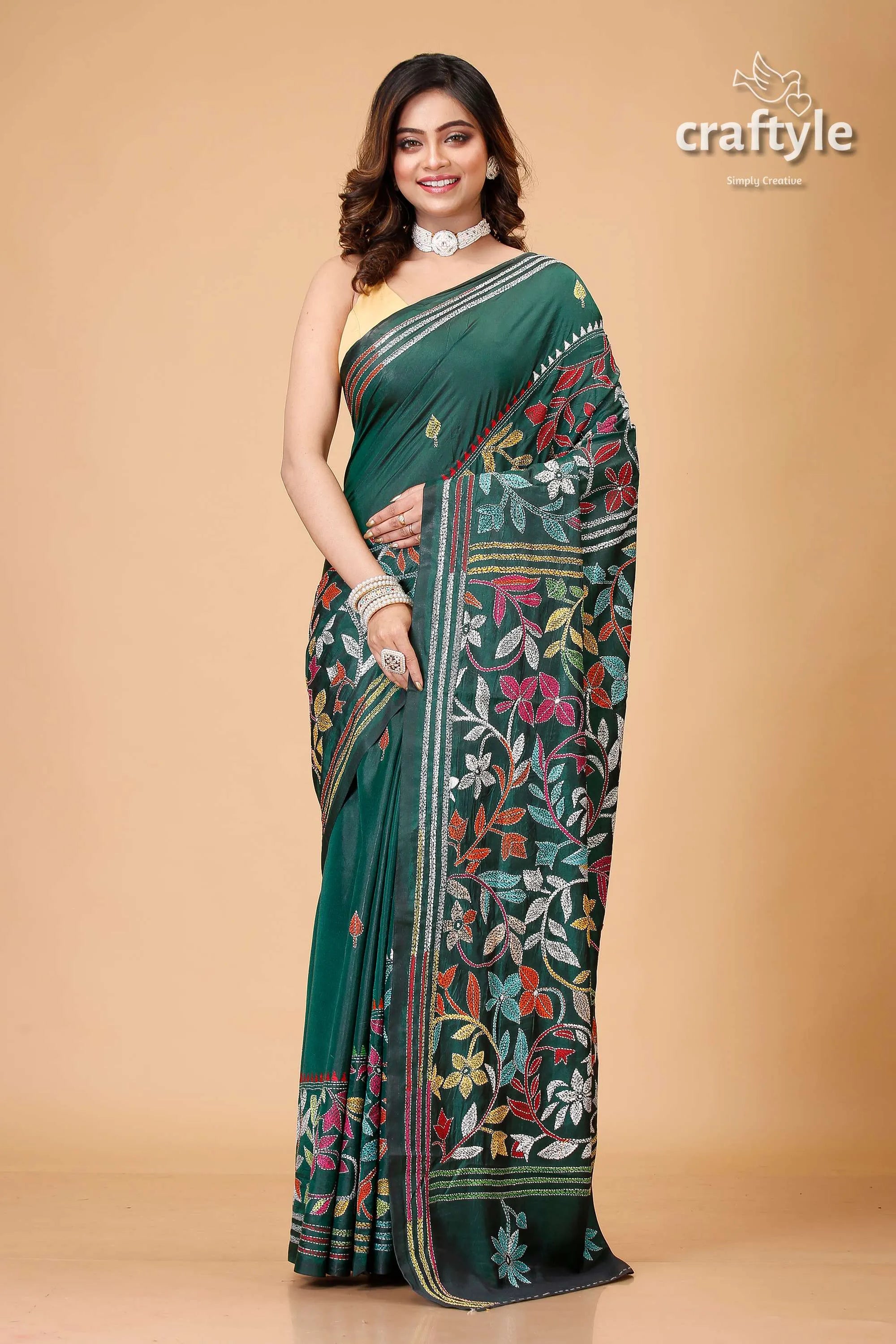 Bottle green multicolor leaf motif kantha stitch saree green floral embroidered saree 1