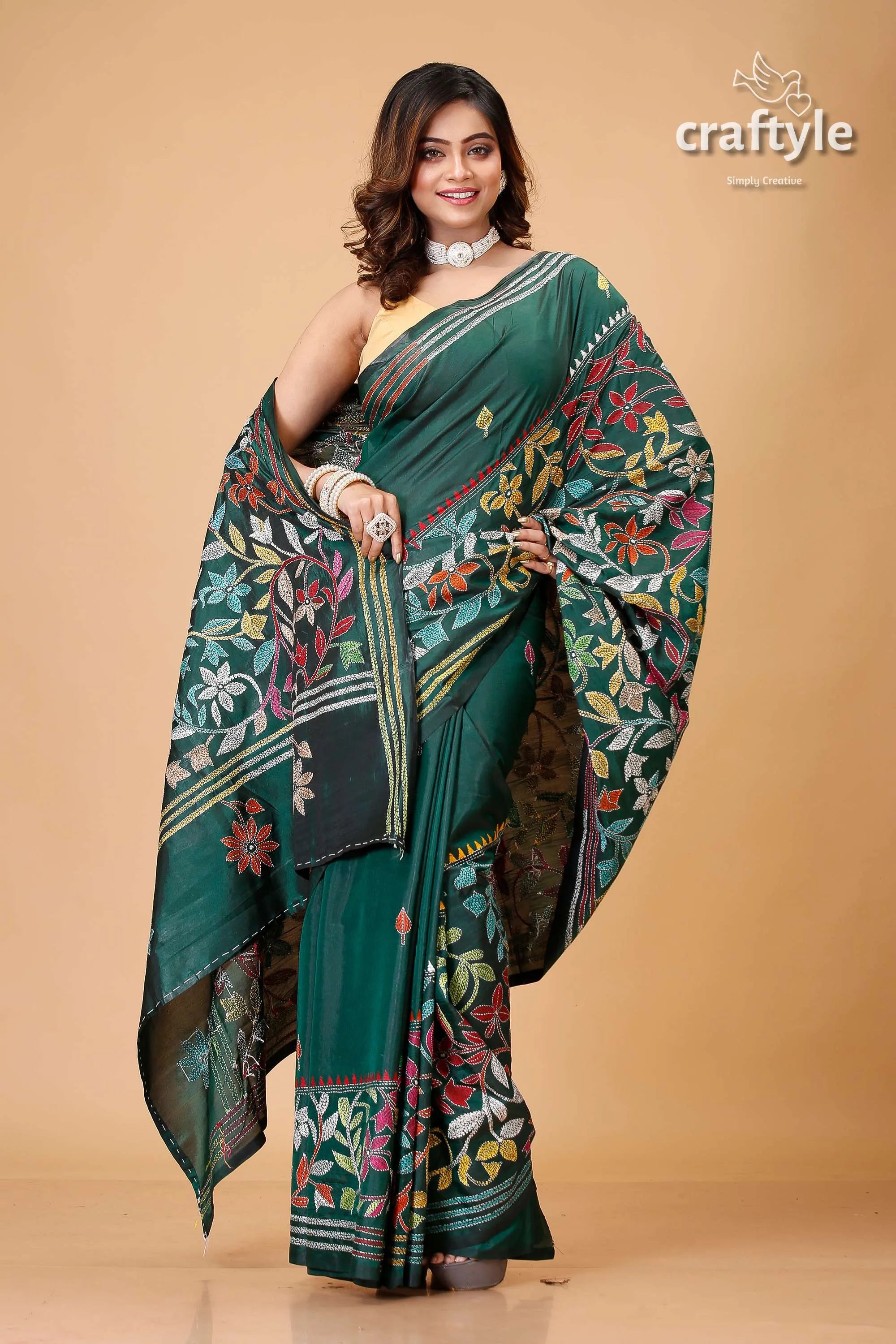 Bottle green multicolor leaf motif kantha stitch saree floral embroidered 4