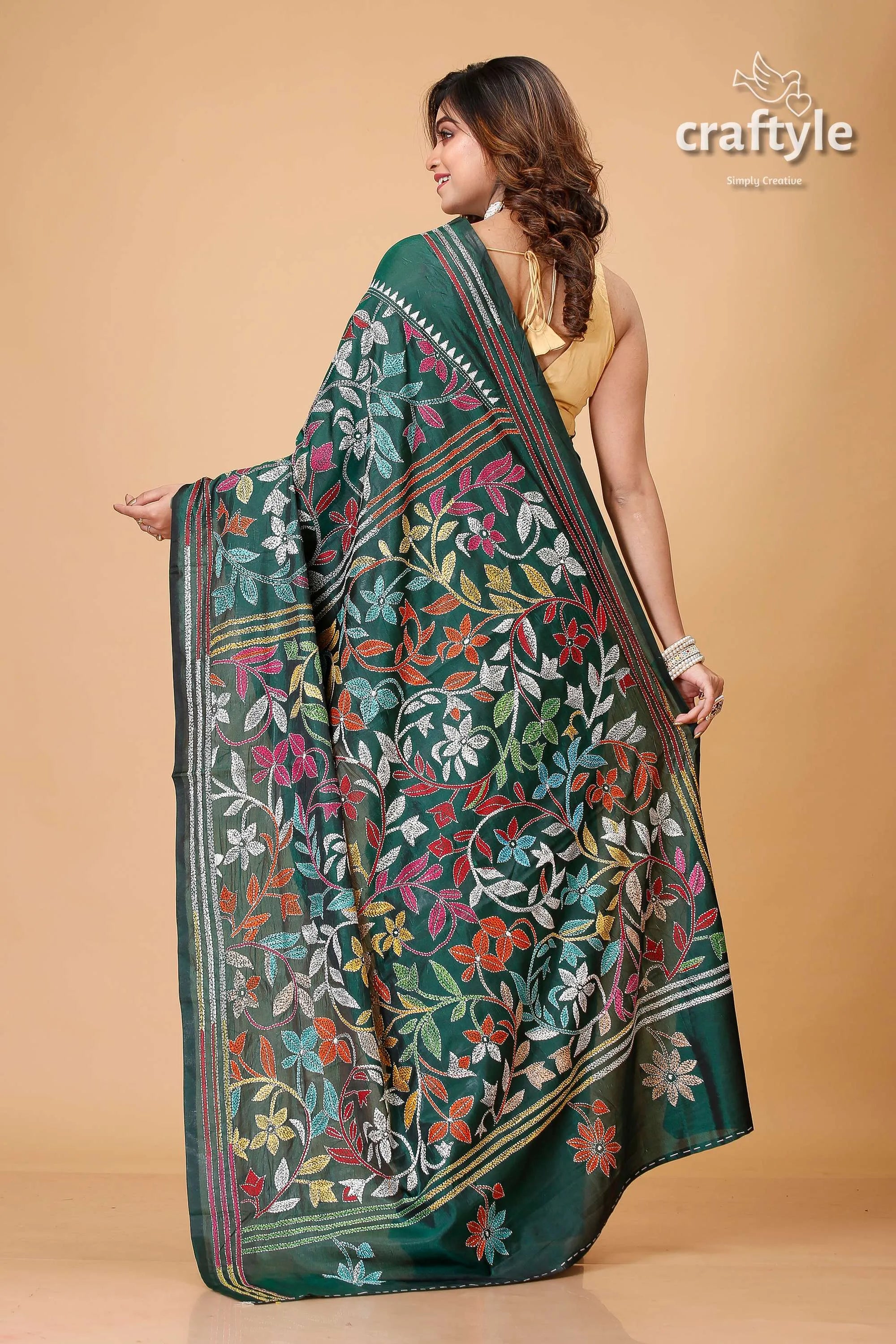 Bottle green multicolor leaf motif kantha stitch saree floral embroidered 5