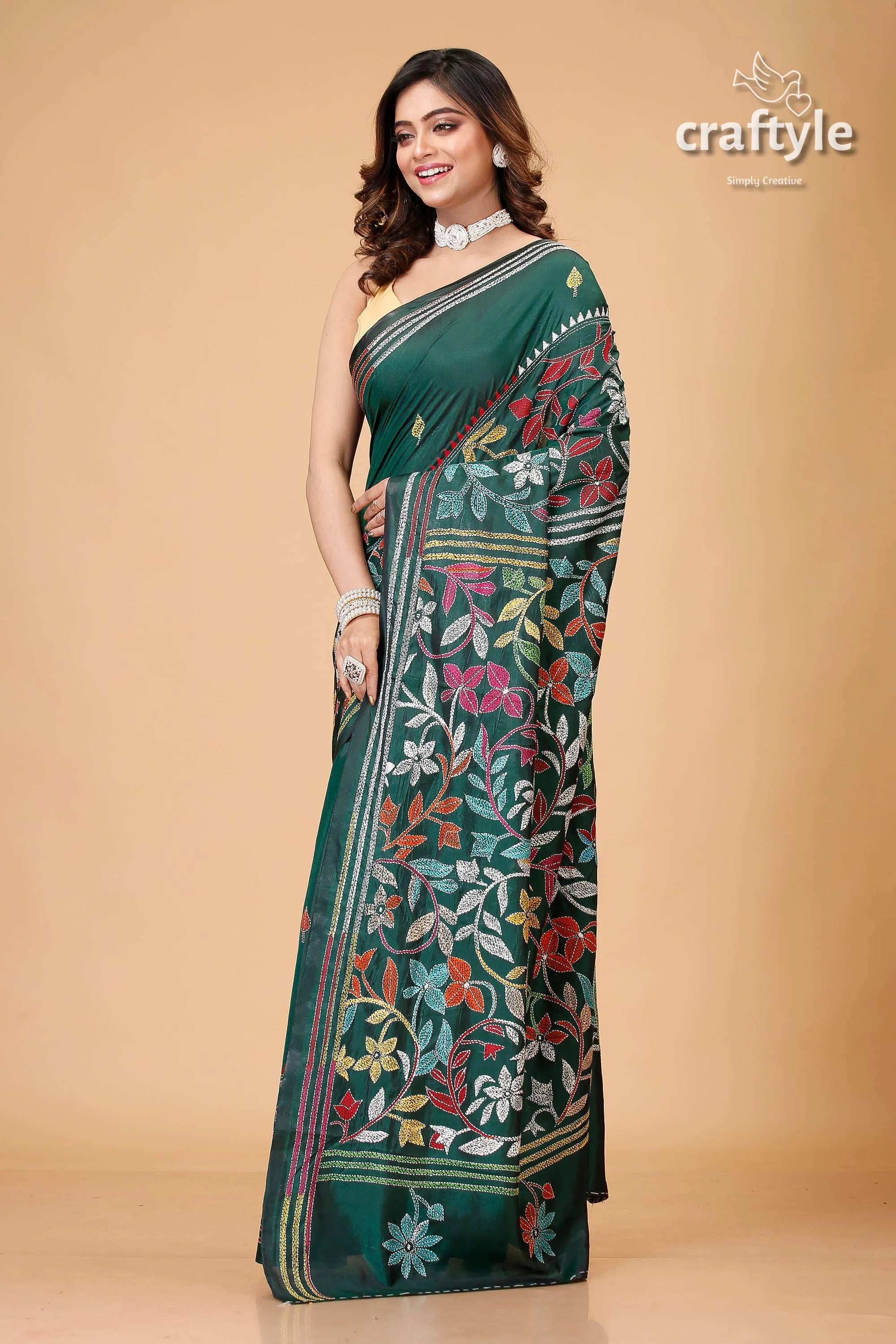 Bottle green multicolor leaf motif kantha stitch saree floral embroidered 3