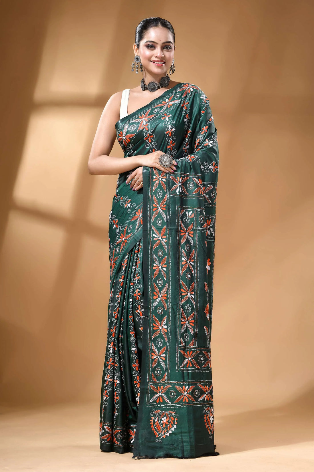 Bottle green nature theme multicolor silk kantha work saree 1