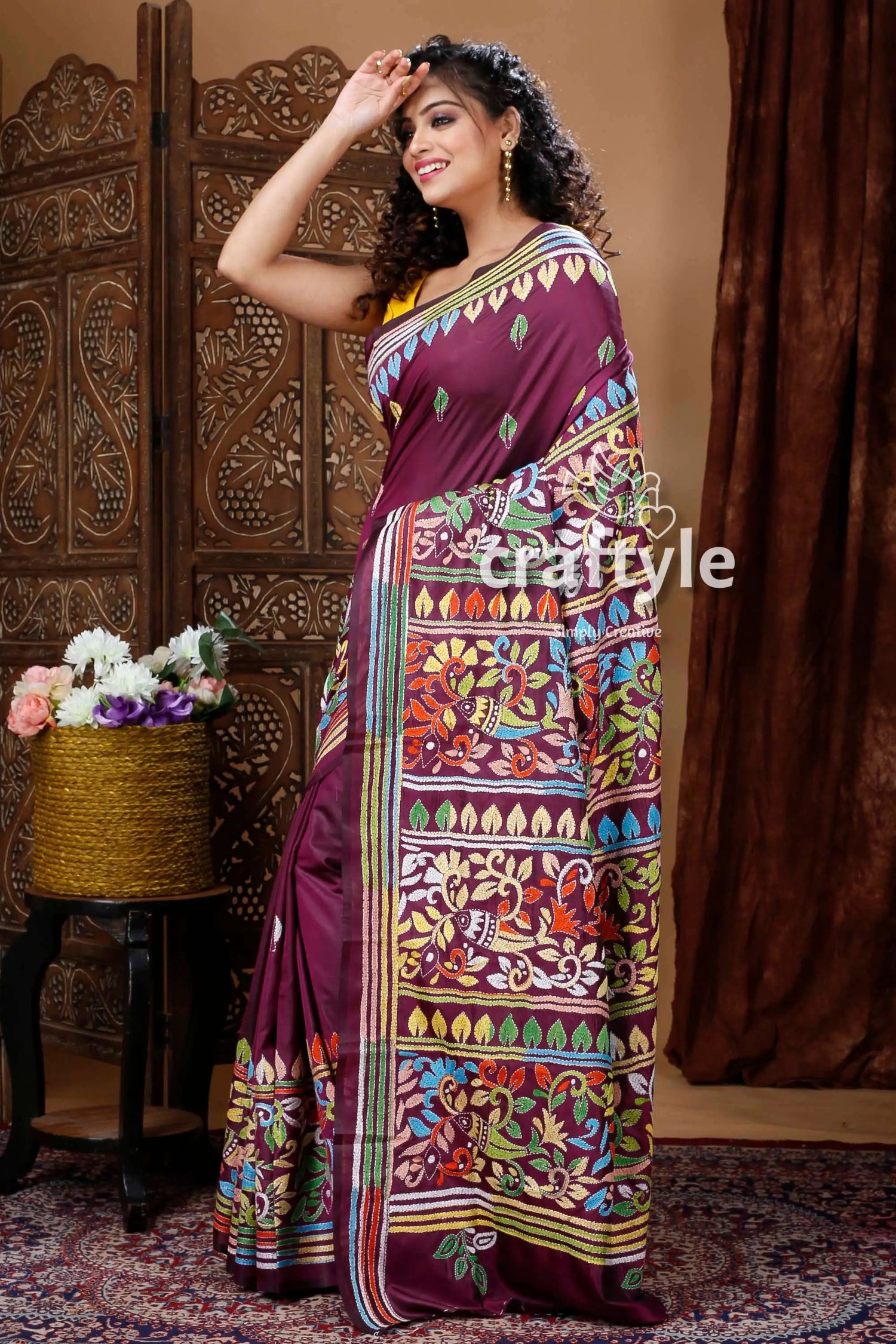 Boysenberry purple silk kantha work saree maroon saree colorful embroidered patterns 3