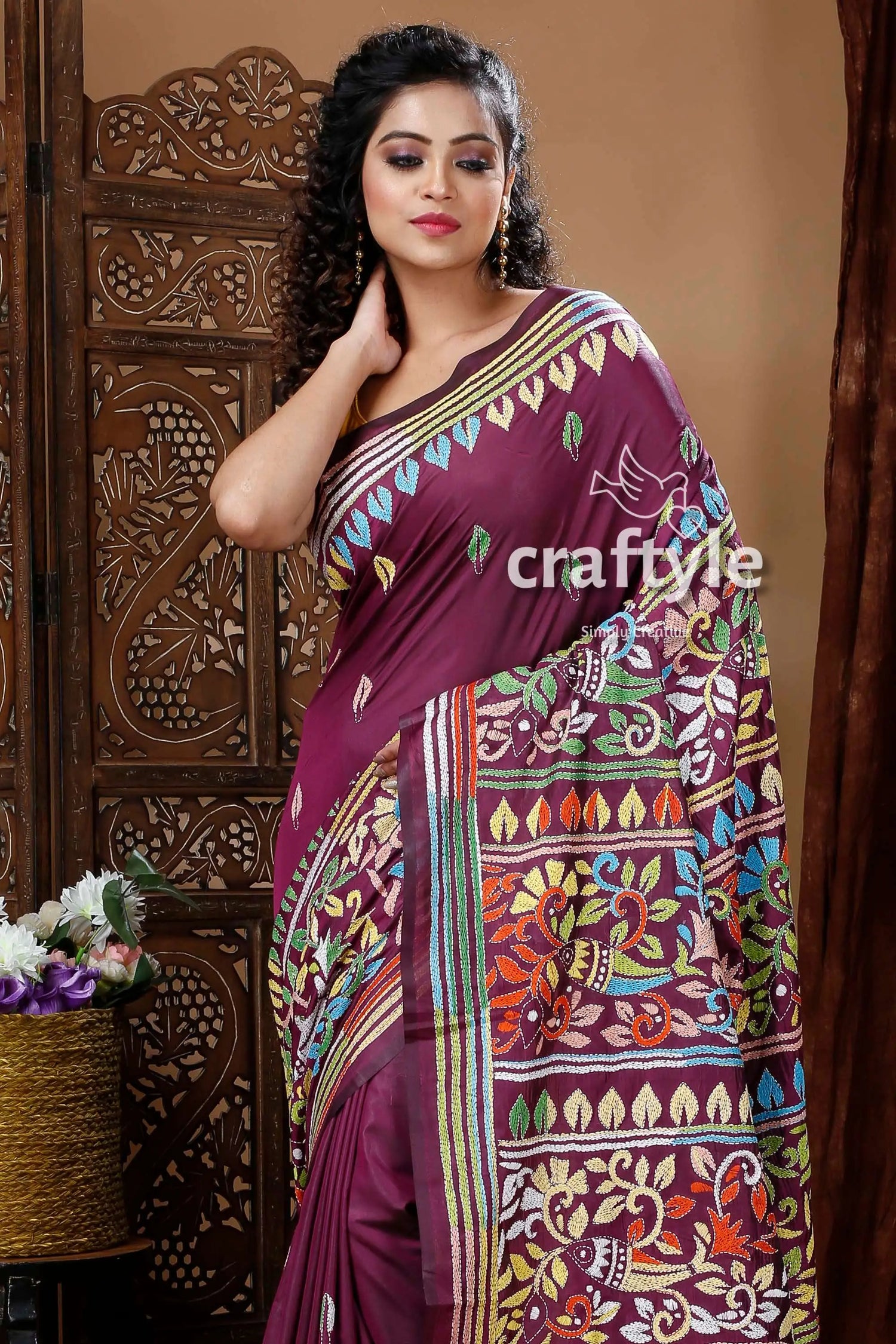 Boysenberry purple silk kantha work saree maroon saree colorful embroidered patterns 2