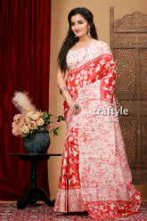 Brick red and white hand batik pure mulberry silk saree woman red white batik saree 3