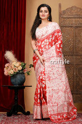 Brick red and white hand batik pure mulberry silk saree red white patterned saree 1