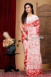 Brick red and white hand batik pure mulberry silk saree red white patterned saree 4