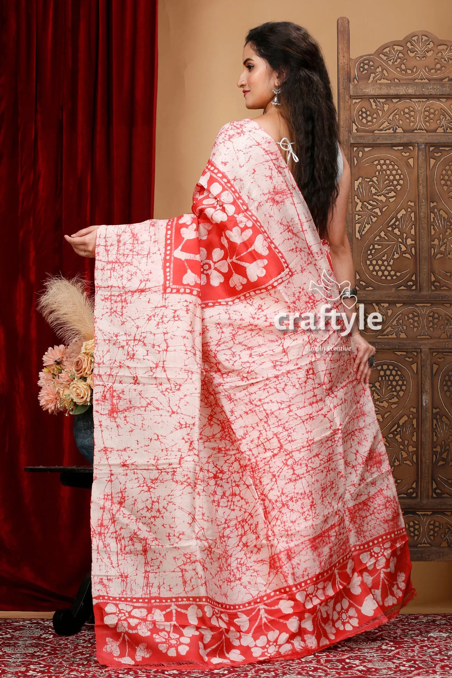 Brick red and white hand batik pure mulberry silk saree red white floral batik saree 5