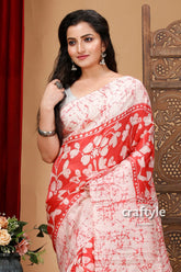Brick red and white hand batik pure mulberry silk saree woman red white patterned saree 2