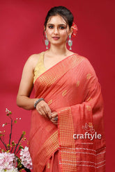 Brick red bhagalpuri soft ghicha silk saree with golden zari border elegant coral saree gold accents 2