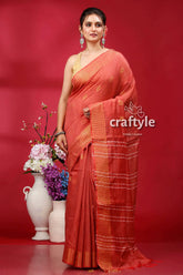 Brick red bhagalpuri soft ghicha silk saree with golden zari border woman red saree 1