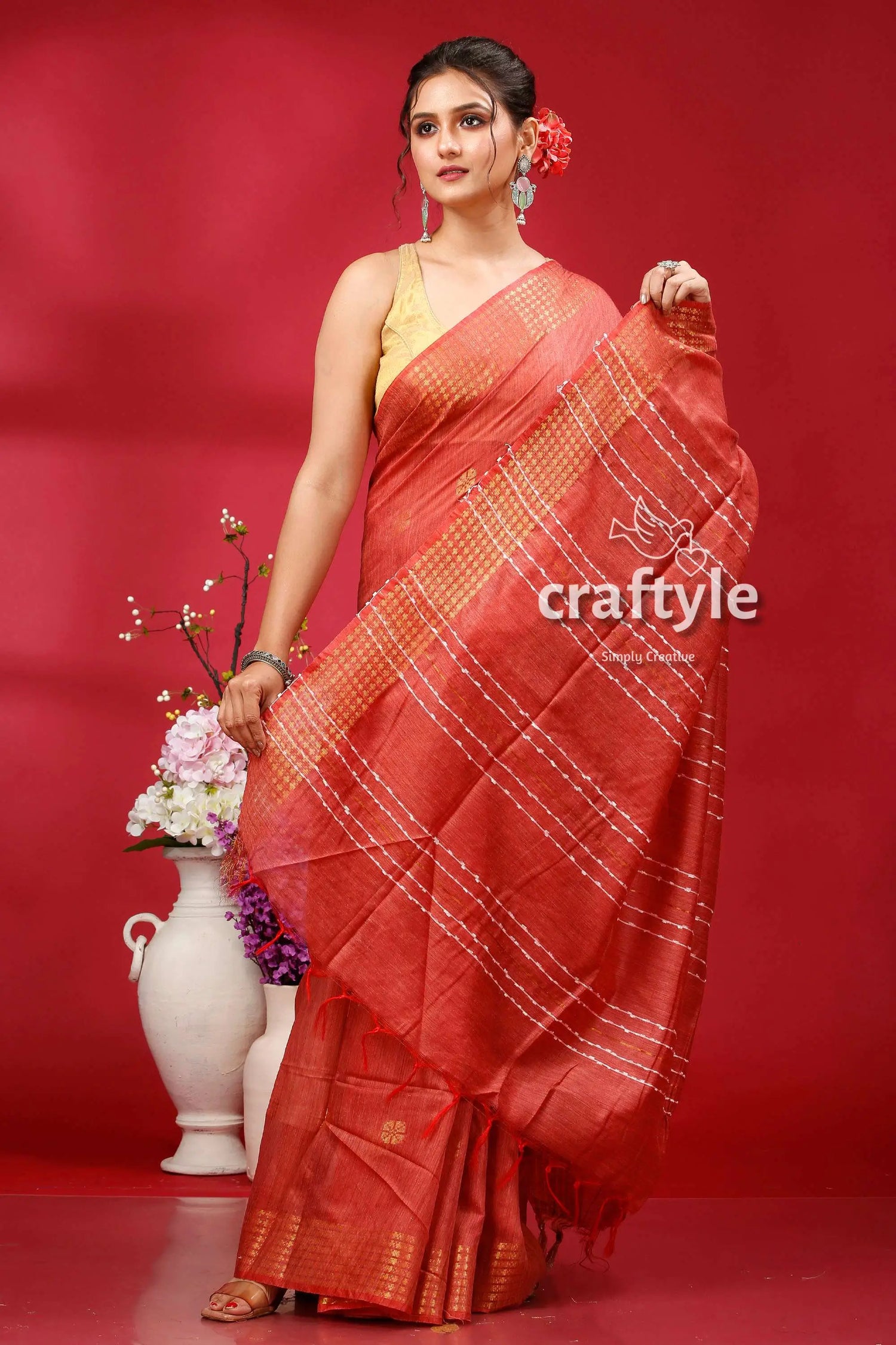 Brick red bhagalpuri soft ghicha silk saree with golden zari border woman red saree 4
