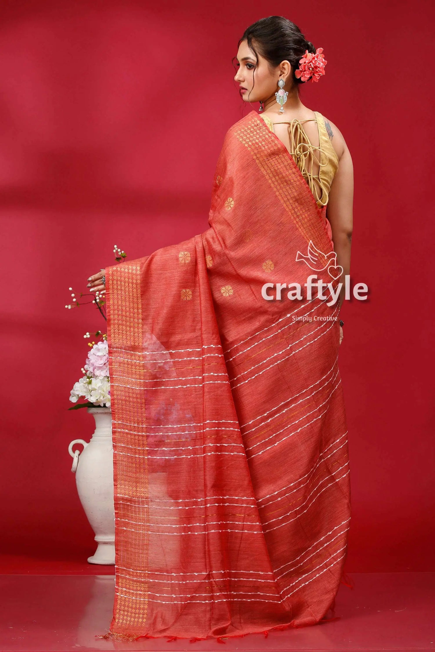 Brick red bhagalpuri soft ghicha silk saree with golden zari border reddish-orange saree gold accents 5