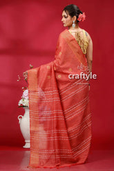 Brick red bhagalpuri soft ghicha silk saree with golden zari border reddish-orange saree gold accents 5
