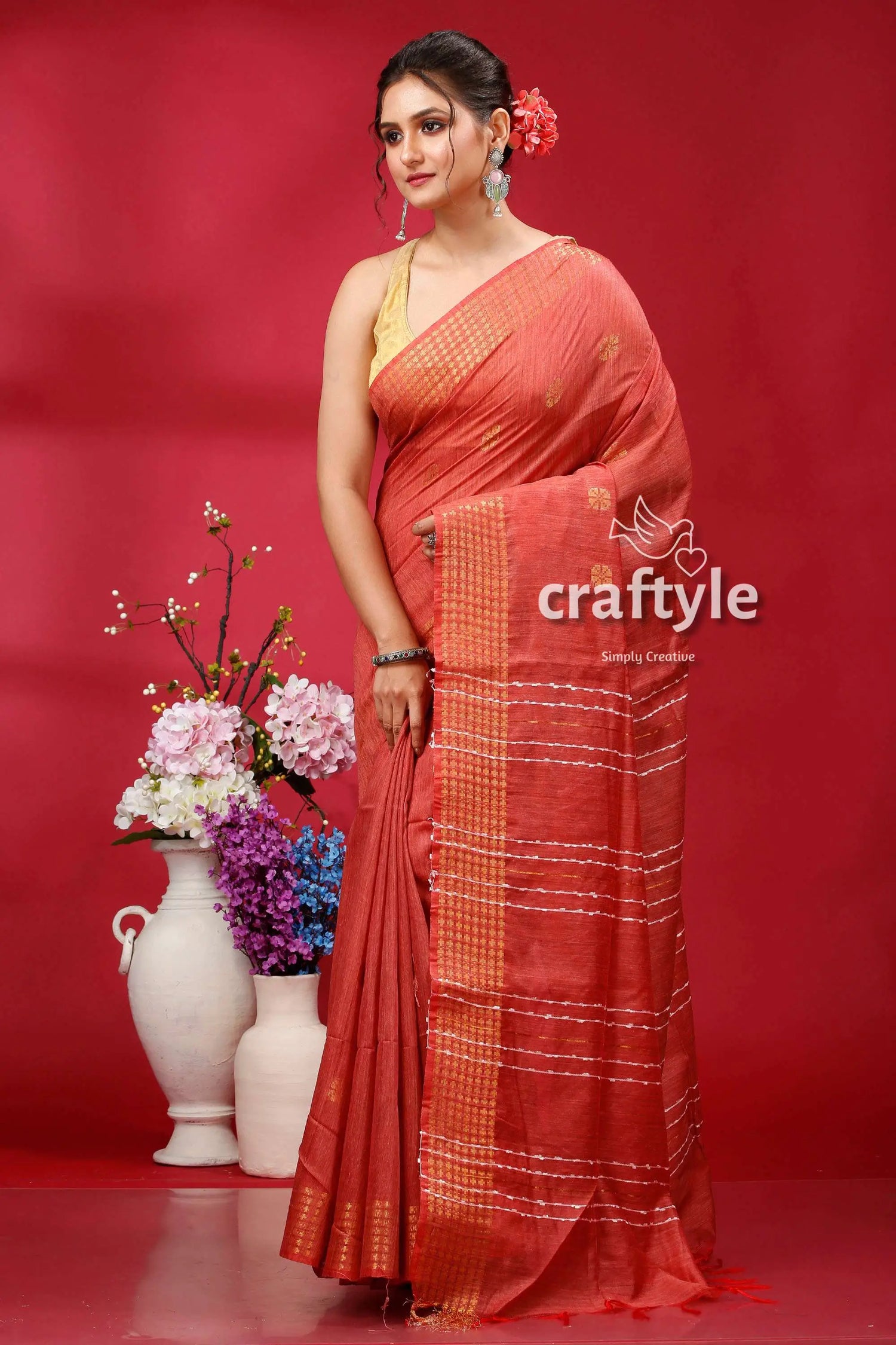 Brick red bhagalpuri soft ghicha silk saree with golden zari border woman red saree 3