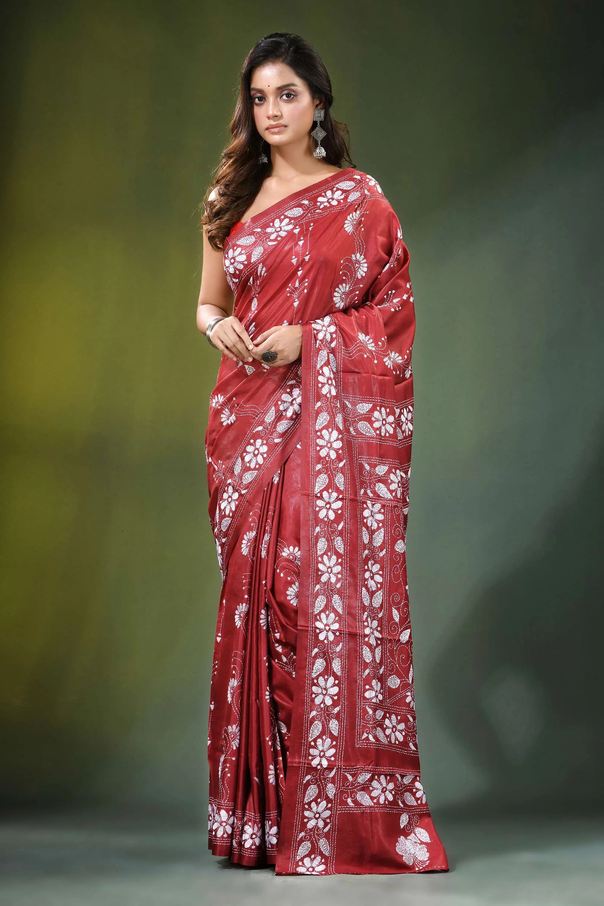 Brick red floral design handcrafted silk kantha stitch saree rich adorned 1