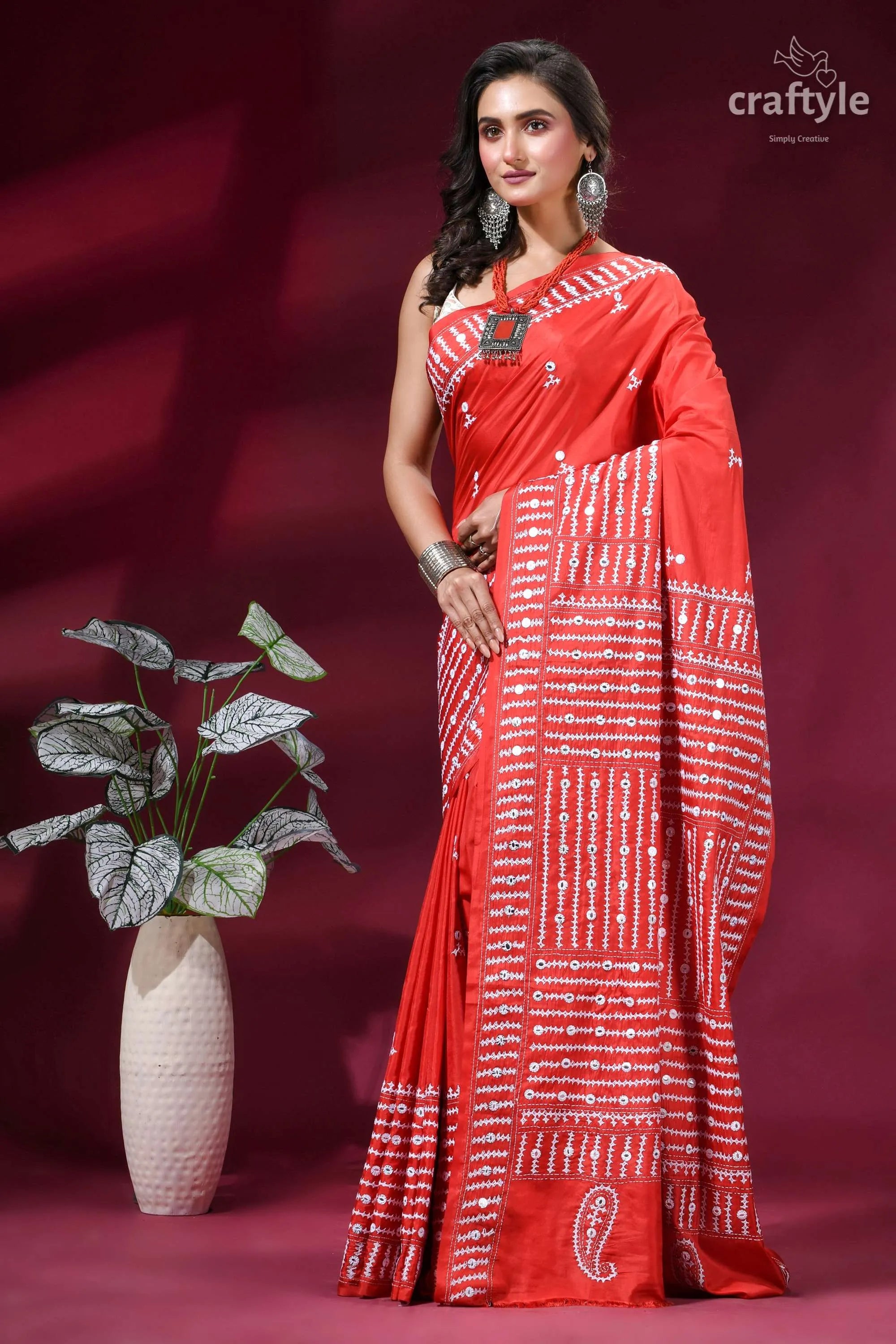 Brick red intricate gujrati stitched silk saree with mirror work red silk saree intricate white 3