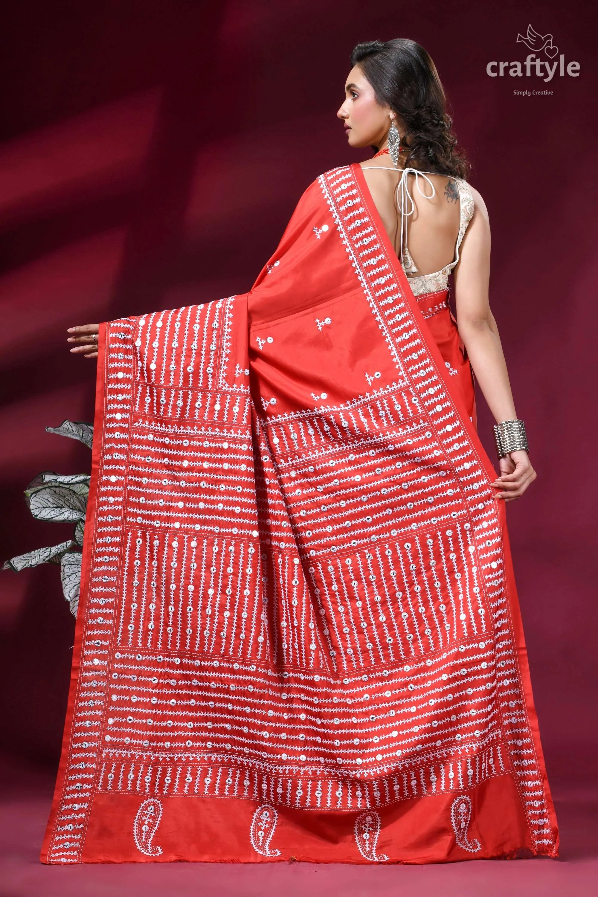 Brick red intricate gujrati stitched silk saree with mirror work vibrant red saree intricate white 6