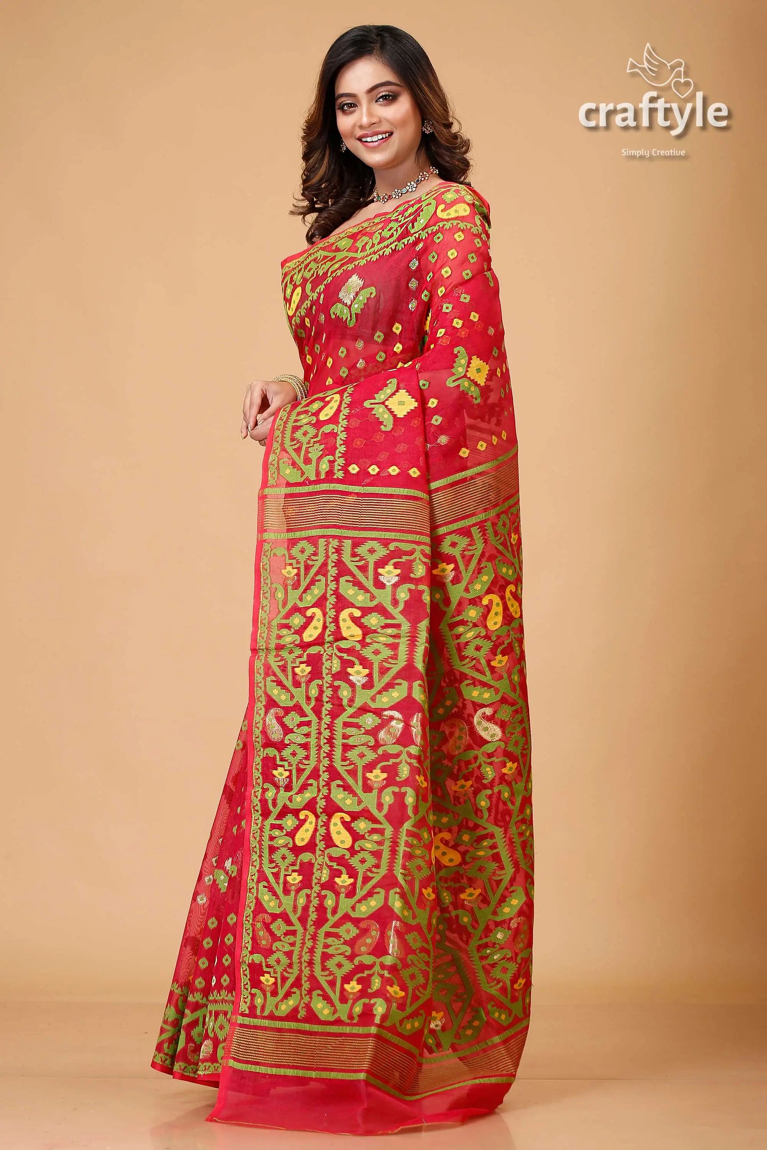 Bright maroon and green jamdani weave saree red embroidered saree 3