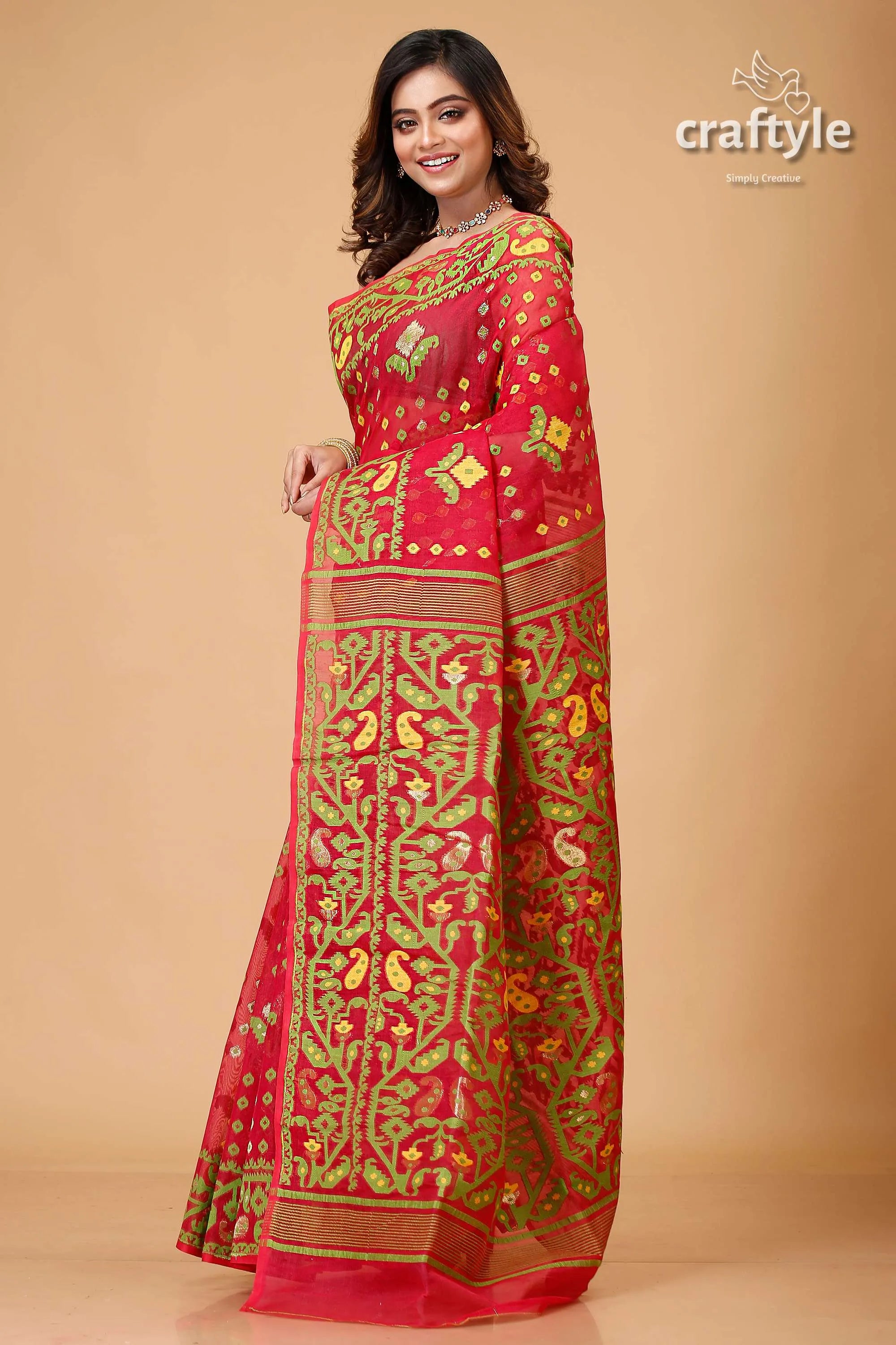 Bright maroon and green jamdani weave saree red embroidered 3