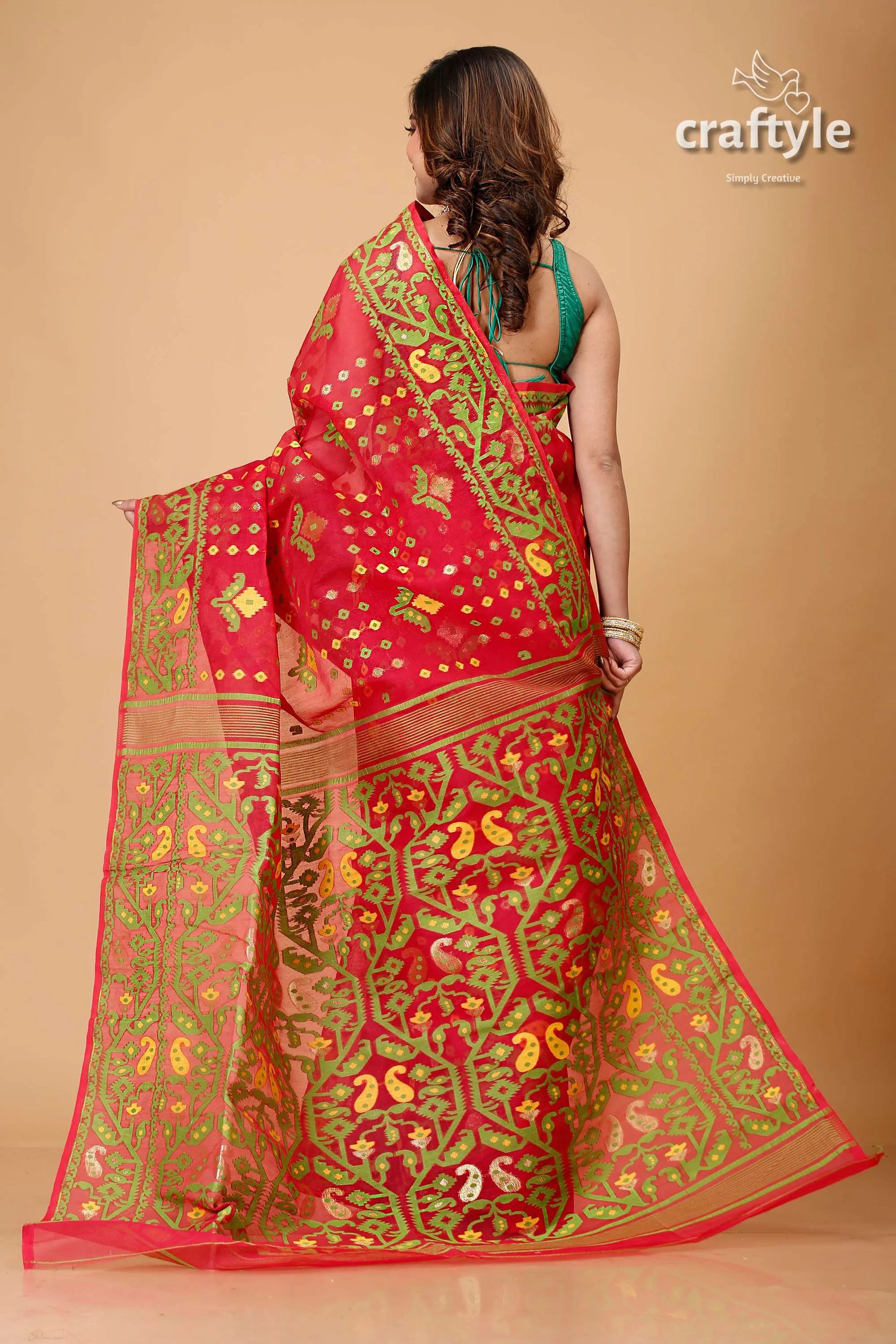 Bright maroon and green jamdani weave saree red floral paisley embroidery 5