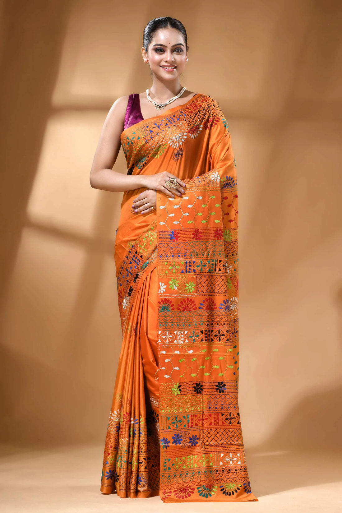 Bright orange multicolor ethnic design handmade silk lambani saree 1