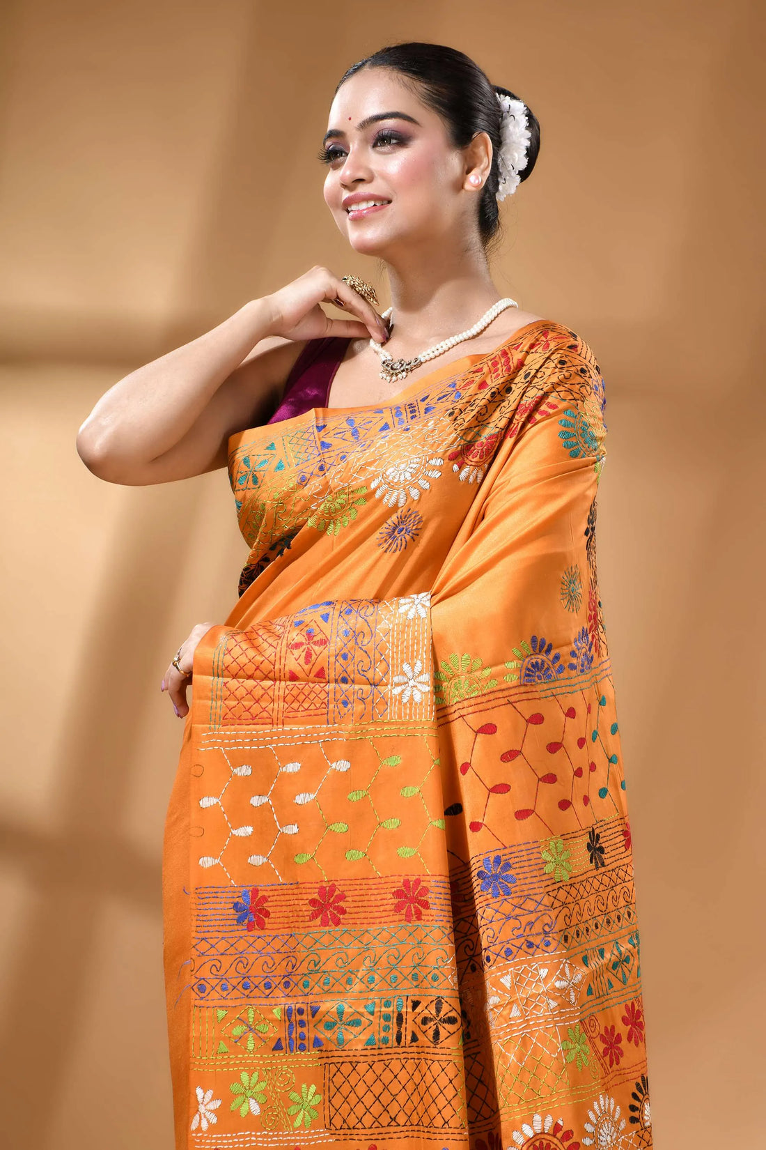 Bright orange multicolor ethnic design handmade silk lambani saree vibrant orange saree intricate multicolored 2
