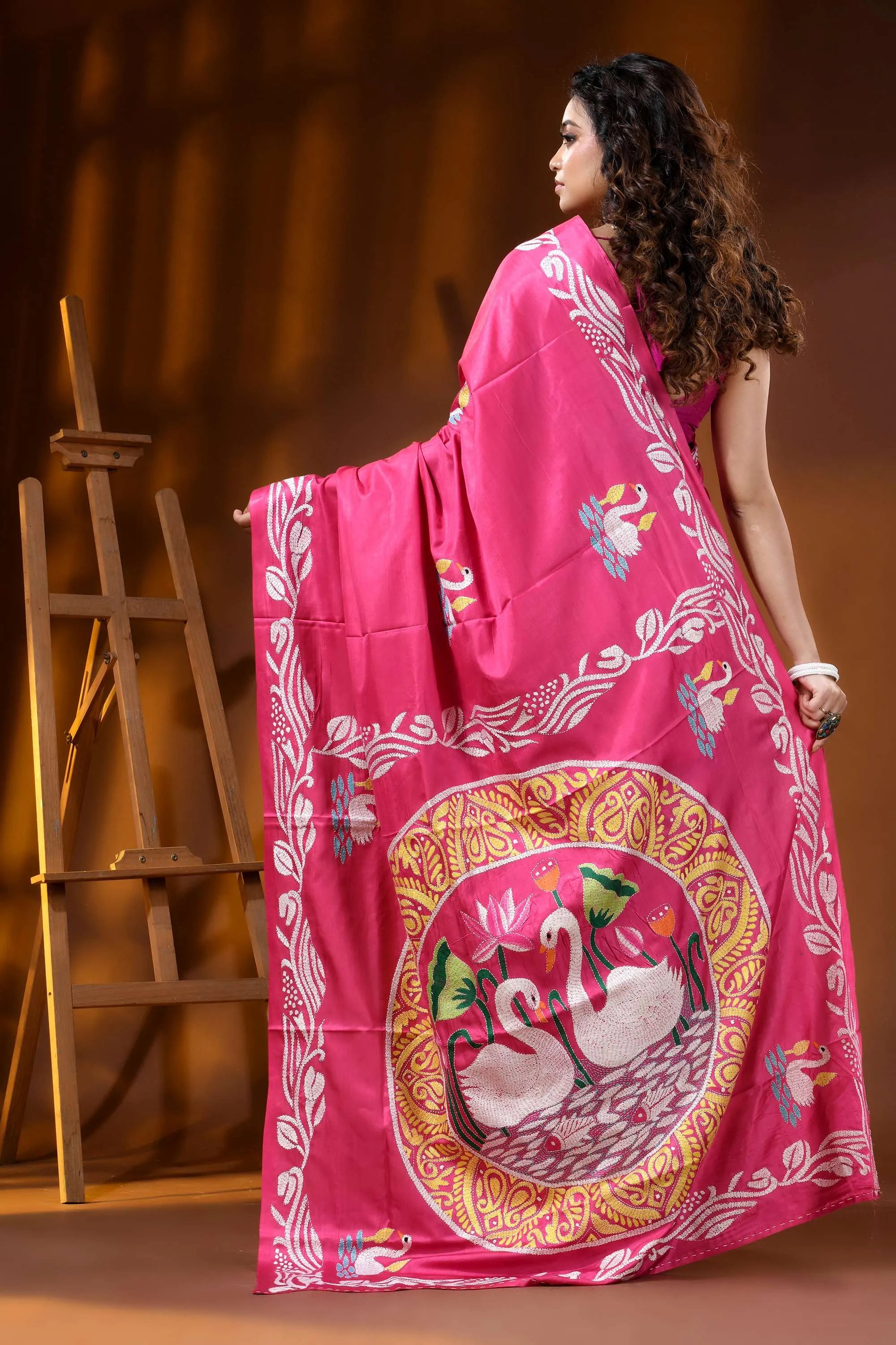 Bright pink swan motif hand embroidered silk kantha work saree 5