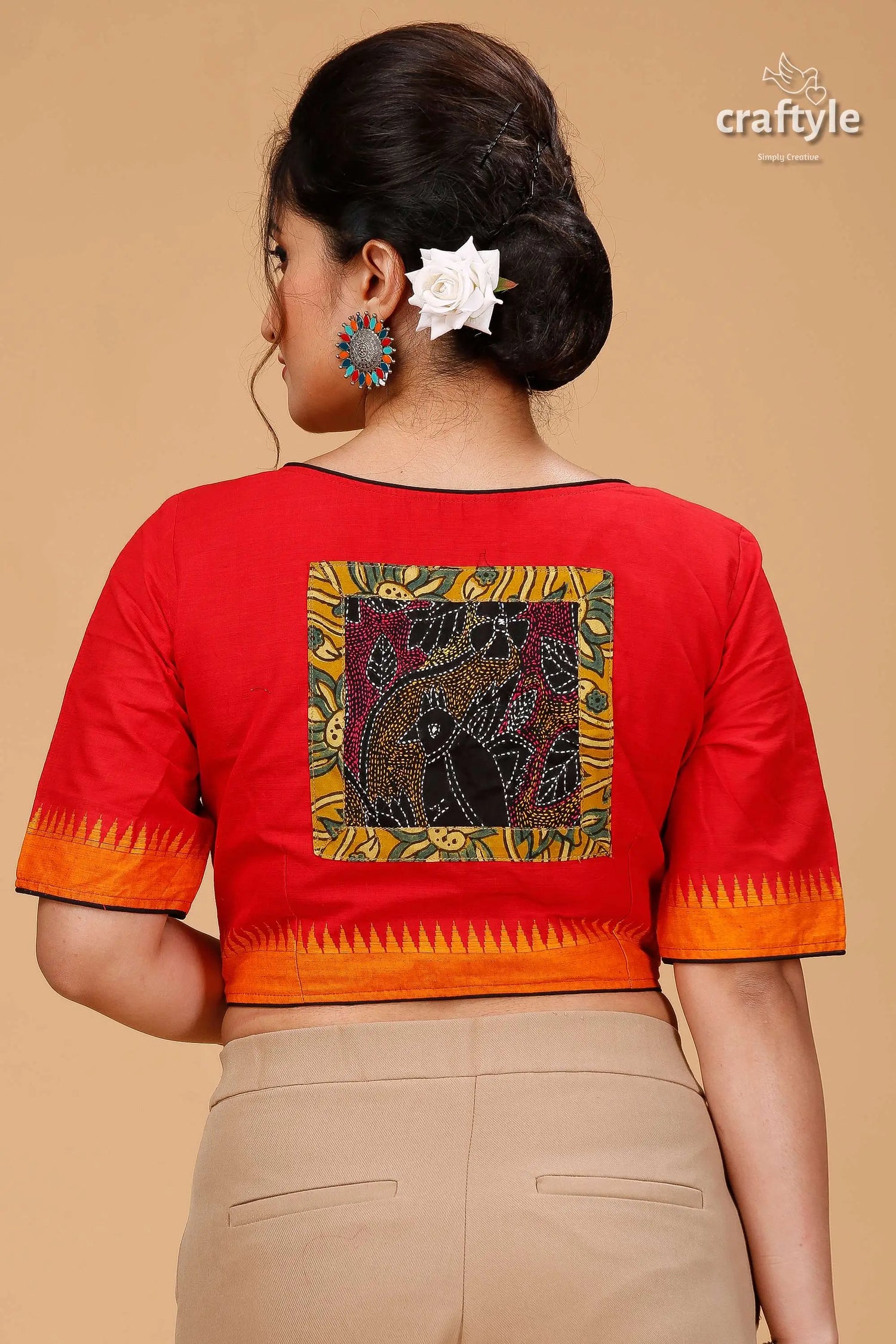 Bright red kantha patchwork blouse - designer pure cotton red crop colorful folk art 2