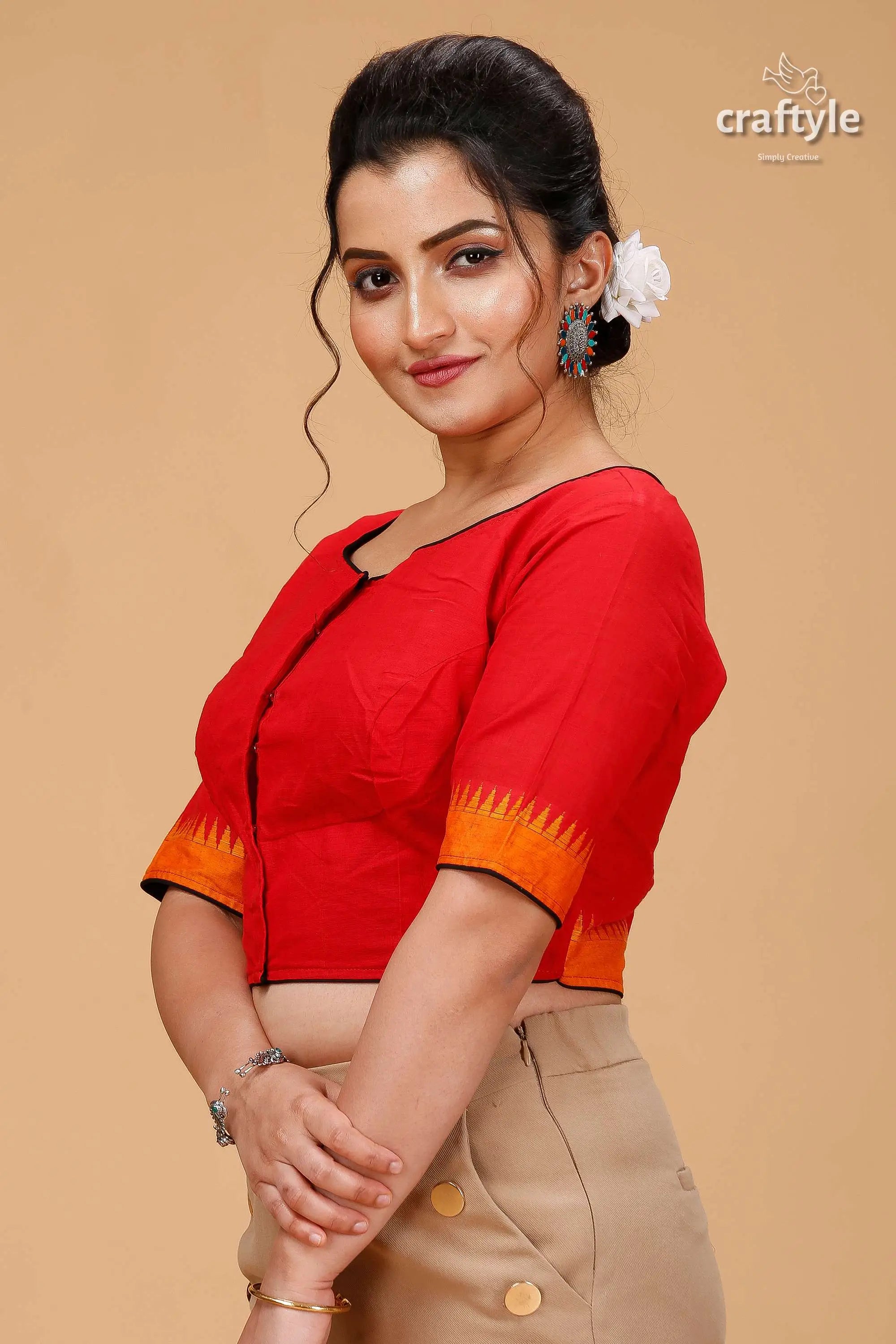 Bright red kantha patchwork blouse - designer pure cotton red blouse orange black trim 3