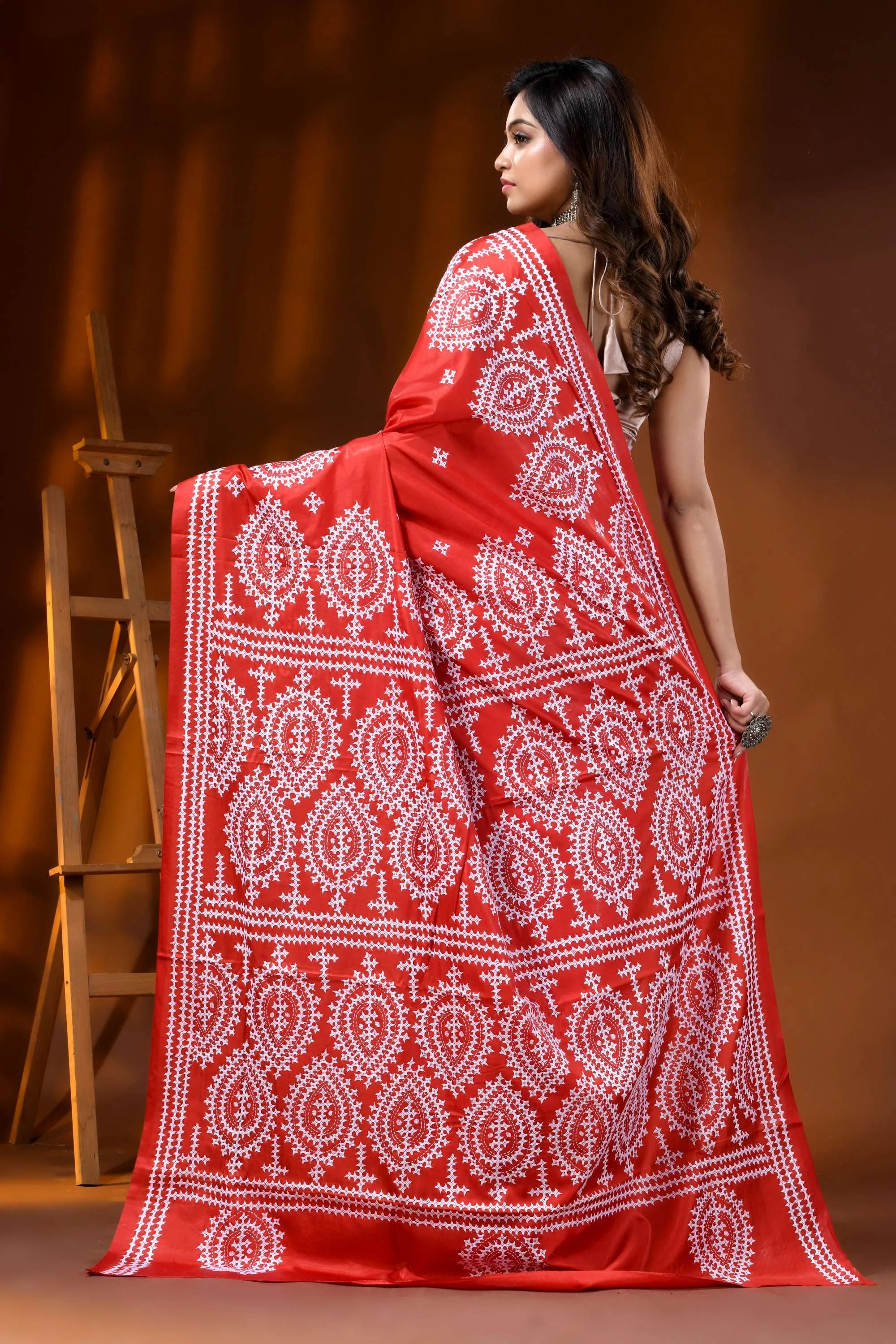 Bright red paisley silk kutch work saree - hand embroidered 6