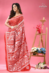 Bright red white thread handmade silk kantha saree red white patterned saree 3
