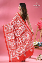 Bright red white thread handmade silk kantha saree red white printed saree traditional 4
