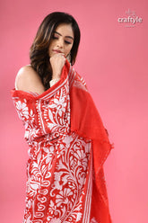 Bright red white thread handmade silk kantha saree red white floral pattern saree 2