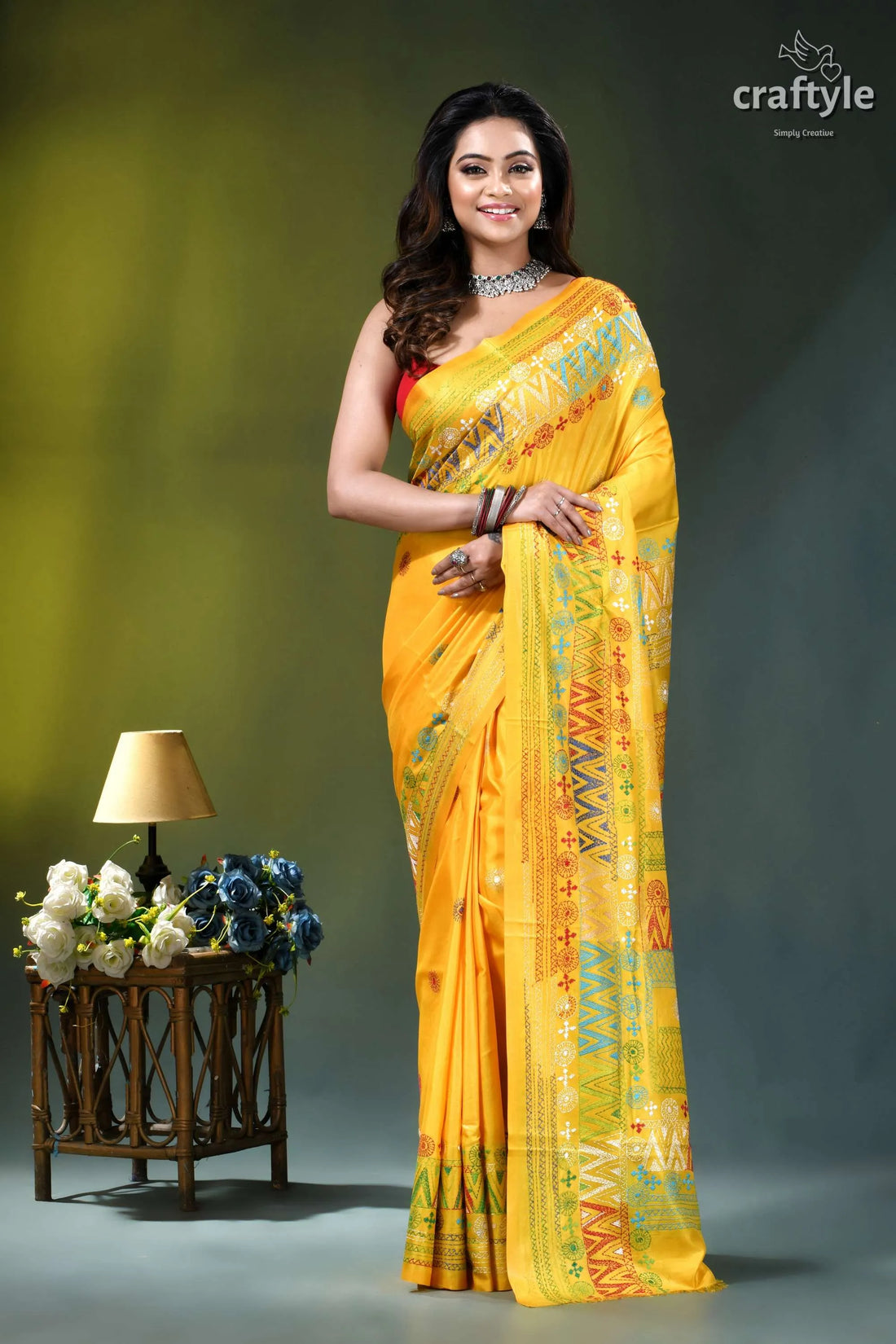Bright sun yellow handcrafted silk lambani saree - multicolor thread vibrant yellow saree intricate geometric 1