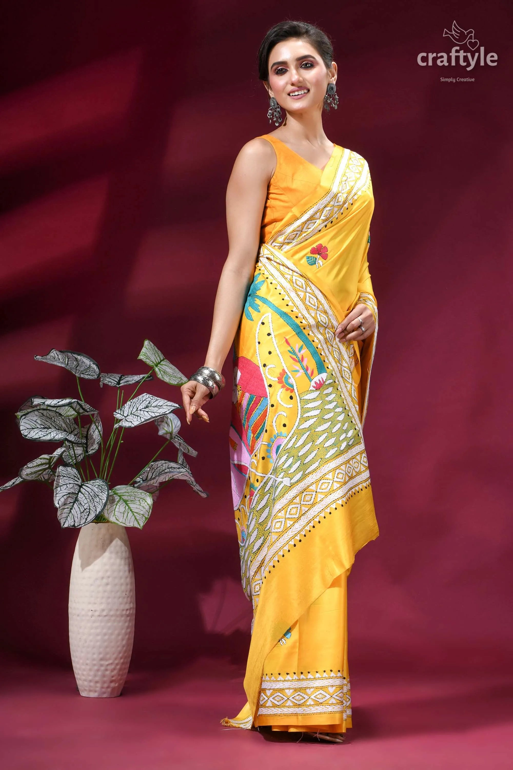 Bright sun yellow mythology theme silk kantha embroidery saree vibrant yellow saree intricate multicolored 4