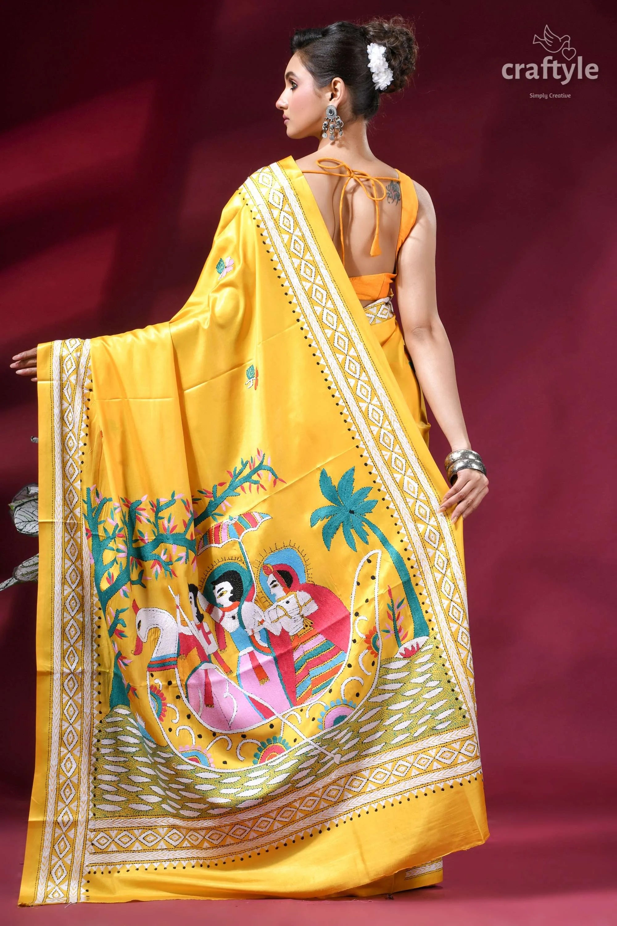 Bright sun yellow mythology theme silk kantha embroidery saree vibrant yellow silk saree intricate 5