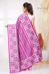 Bright violet pure silk kantha embroidered dupatta pink patterned saree 3