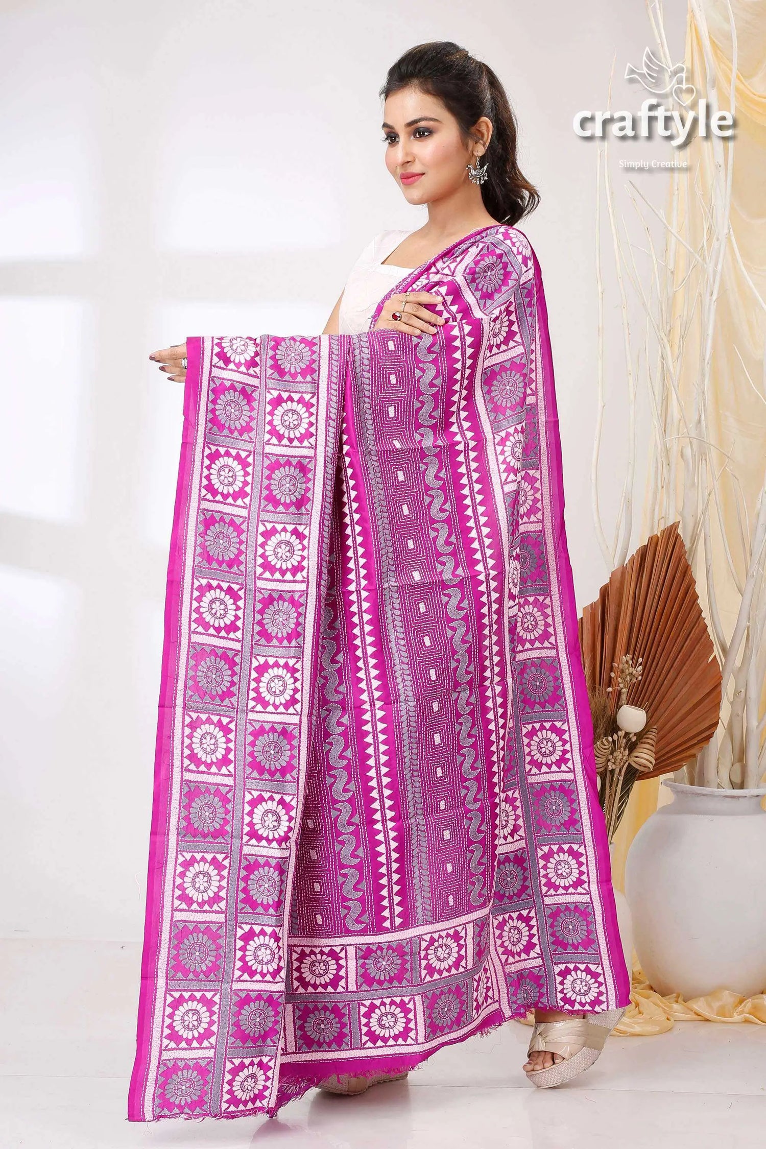 Bright violet pure silk kantha embroidered dupatta magenta white patterned shawl 4
