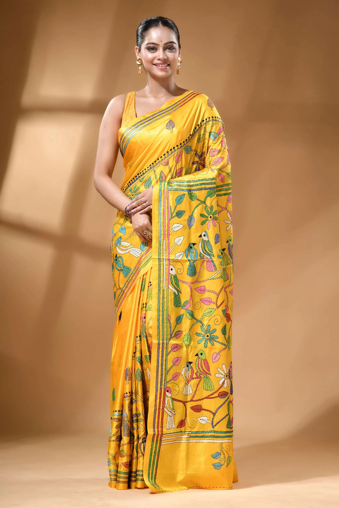 Bright yellow bird motif multi-thread silk kantha stitch saree vibrant yellow silk saree adorned 1