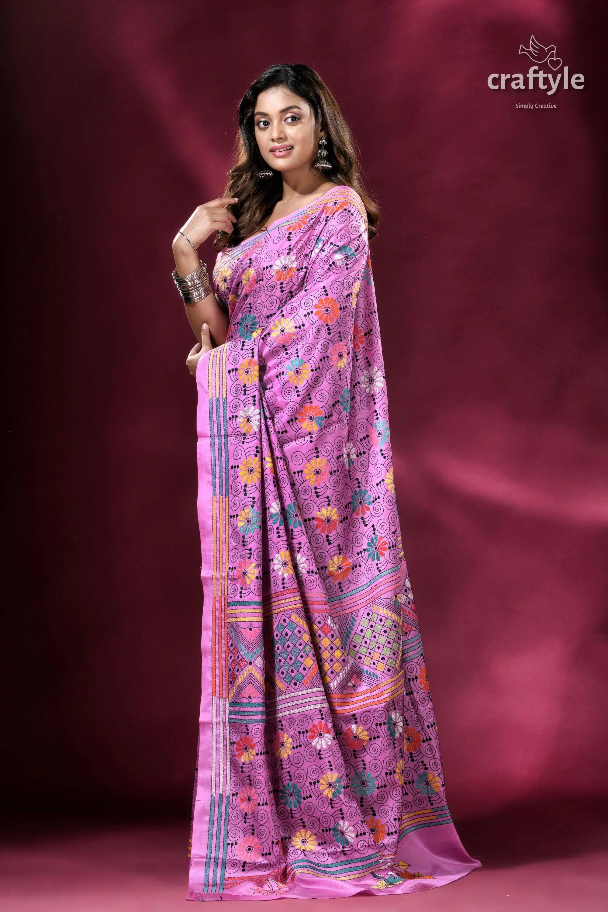 Brilliant lavender exquisite kantha silk saree floral patterned pink saree 3