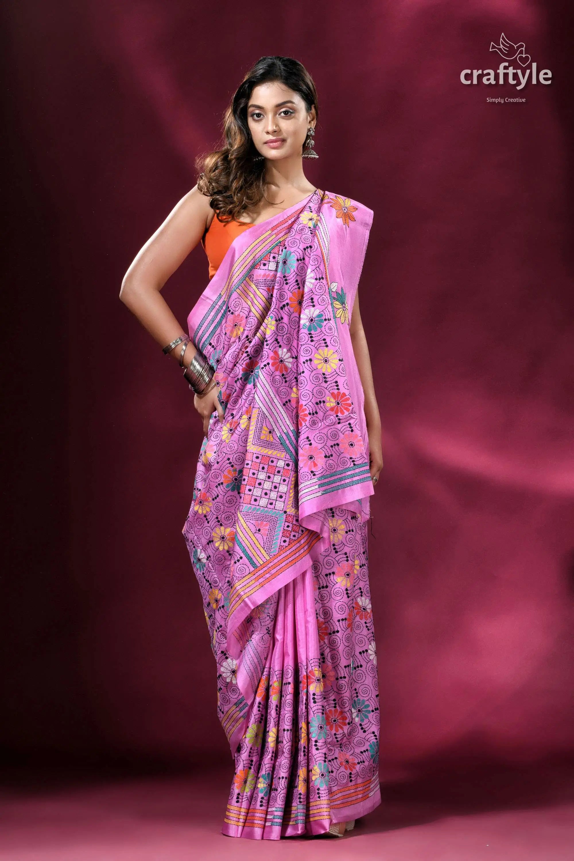 Brilliant lavender exquisite kantha silk saree pink floral patterned saree 4