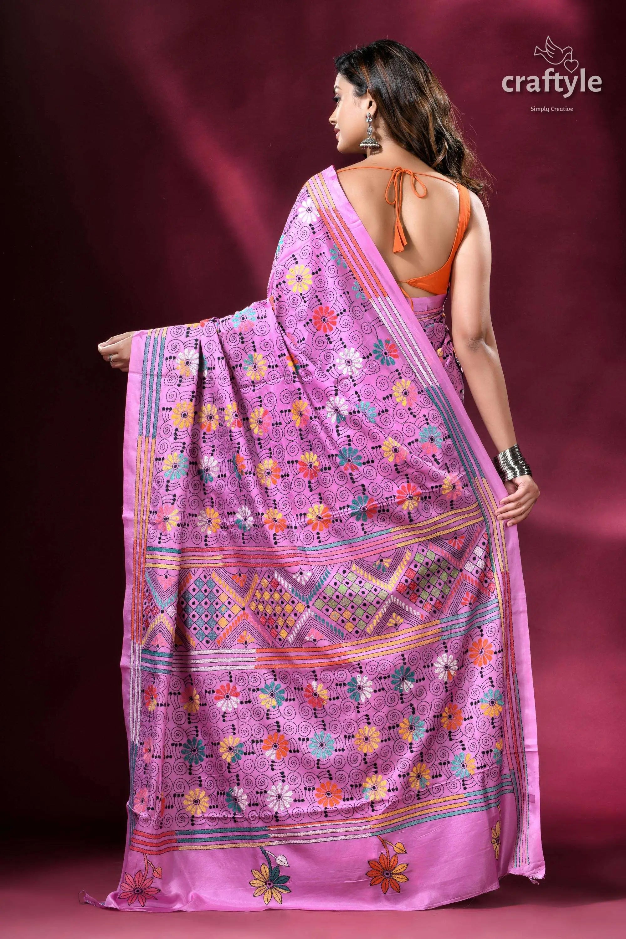 Brilliant lavender exquisite kantha silk saree pink floral patterned saree 5