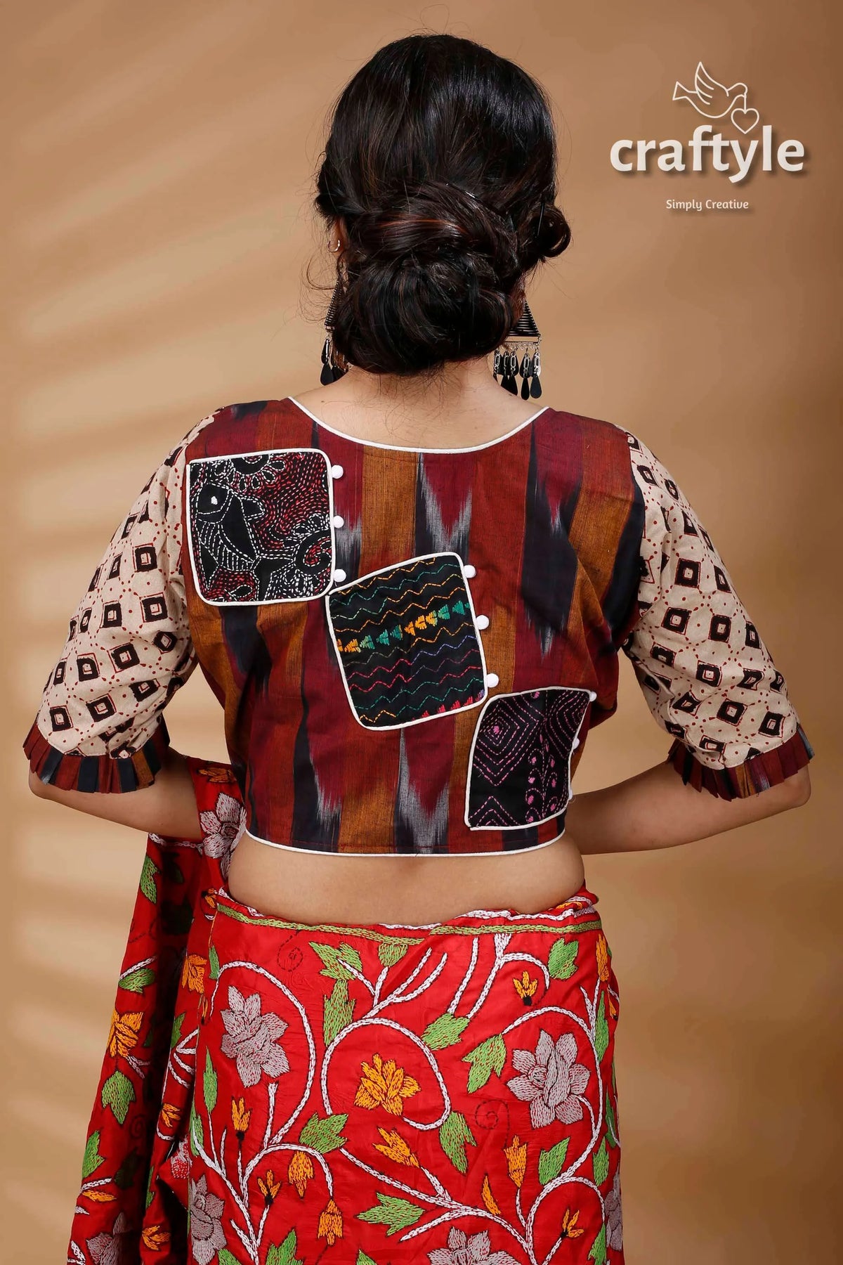 Brown kantha work applique designer cotton blouse woman’s patterned embroidered sari 2